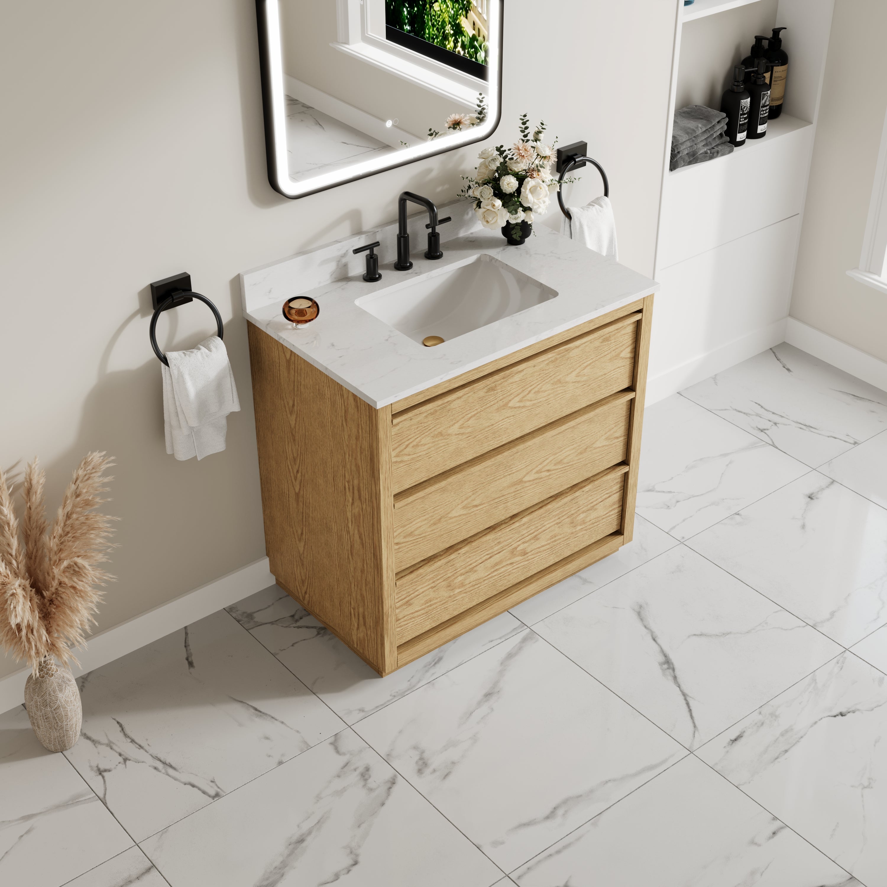 36 Inch Oak Soild Wood Bathroom Vanity with Single Undermount Sink, 3 Dovetail-constructed Drawers