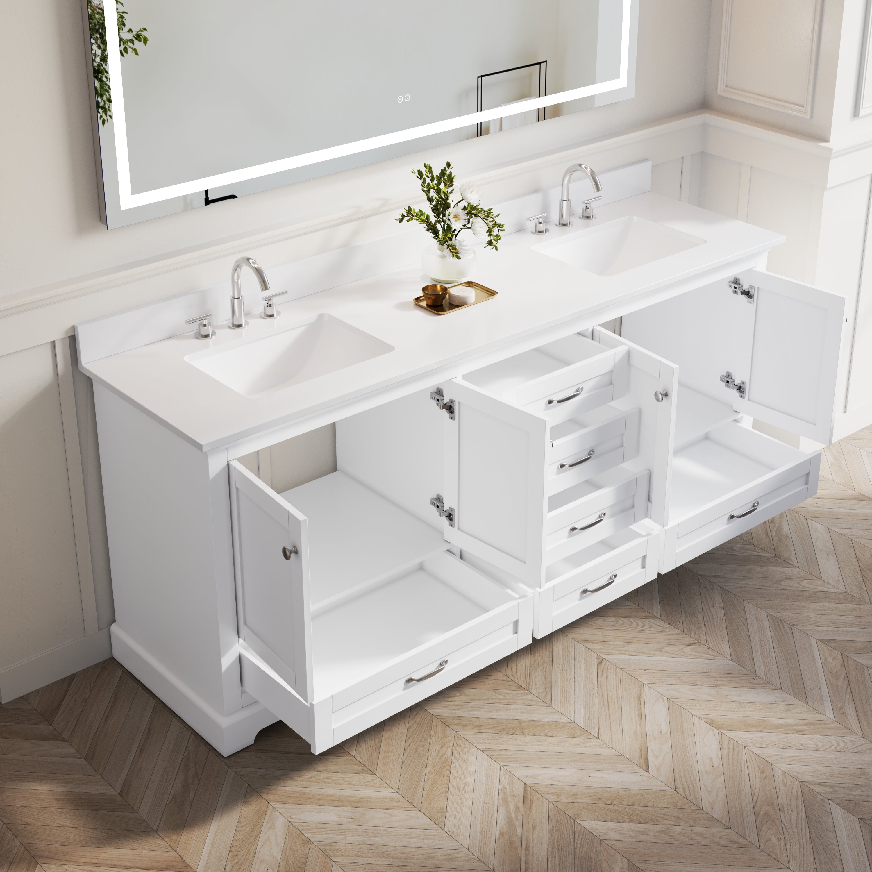 80" White Double Sinks Bathroom Vanity with Solid Wood Frame, Soft Close 6 Drawers, Pure White Cultured Marble Countertop