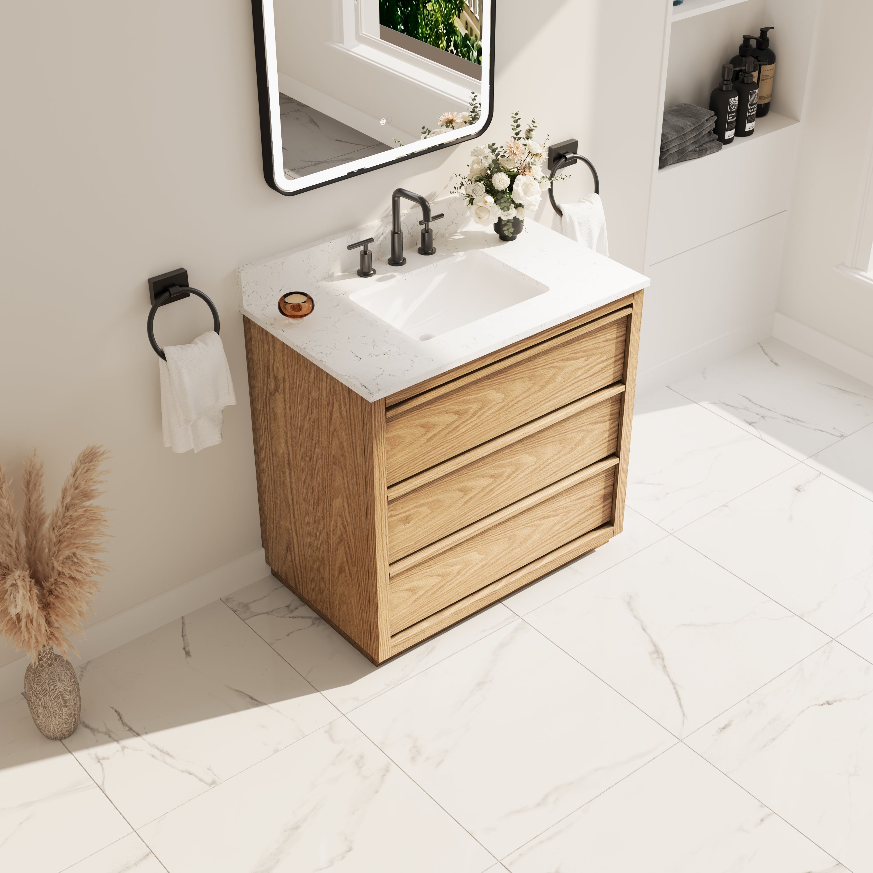 36 Inch Oak Soild Wood Bathroom Vanity with Single Undermount Sink, 3 Dovetail-constructed Drawers
