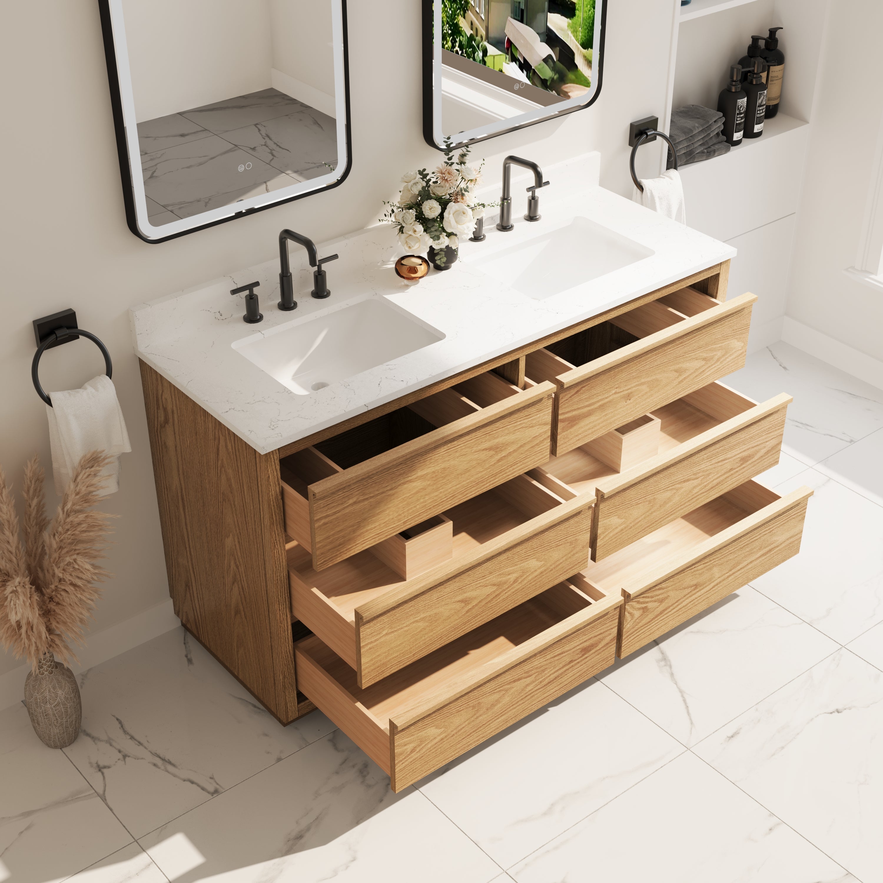 60 Inch Oak Soild Wood Bathroom Vanity with Double Undermount Sinks, 6 Dovetail-constructed Drawers