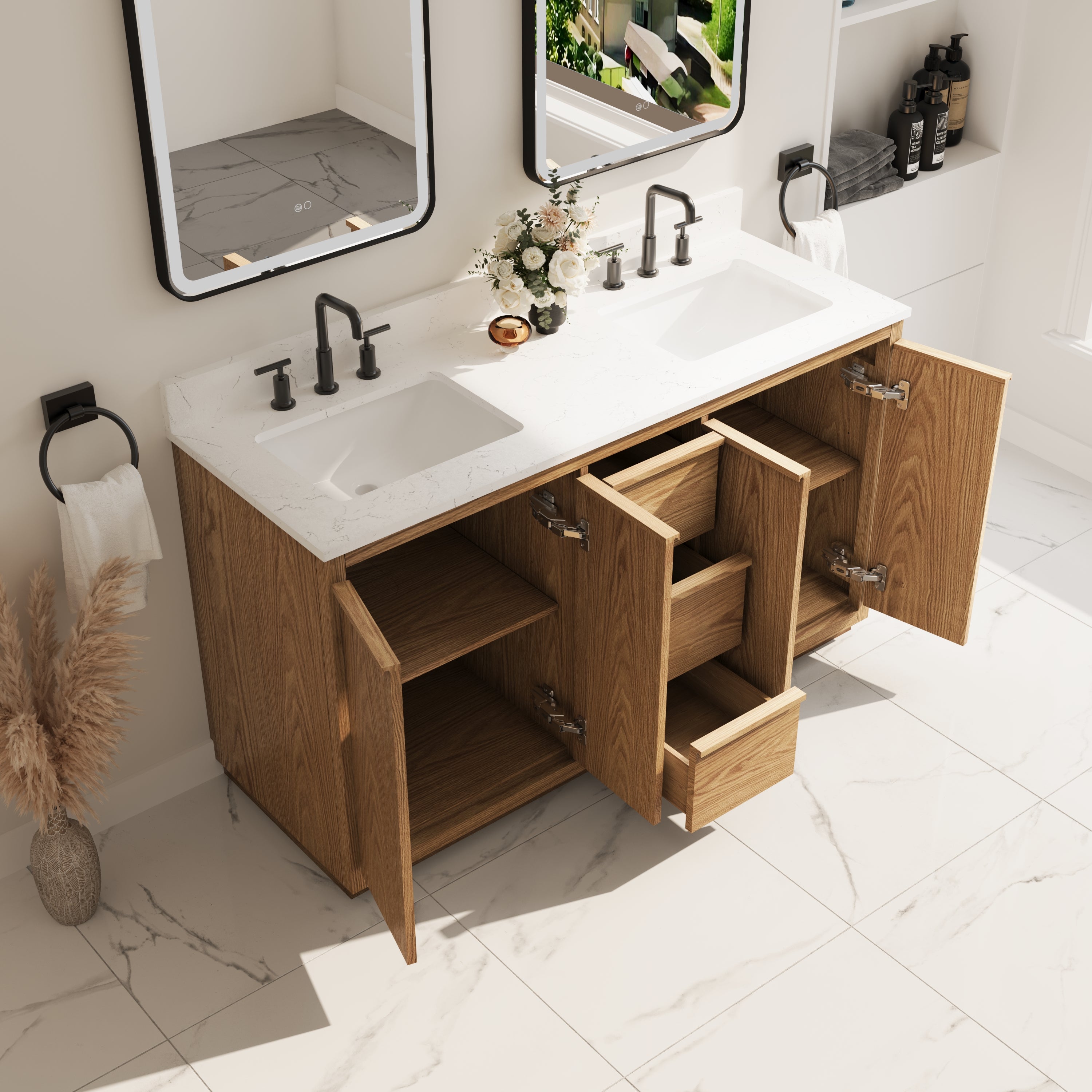 60 Inch Oak Soild Wood Bathroom Vanity with Double Undermount Sinks, 3 Dovetail-constructed Drawers and 4 Soft-close Doors