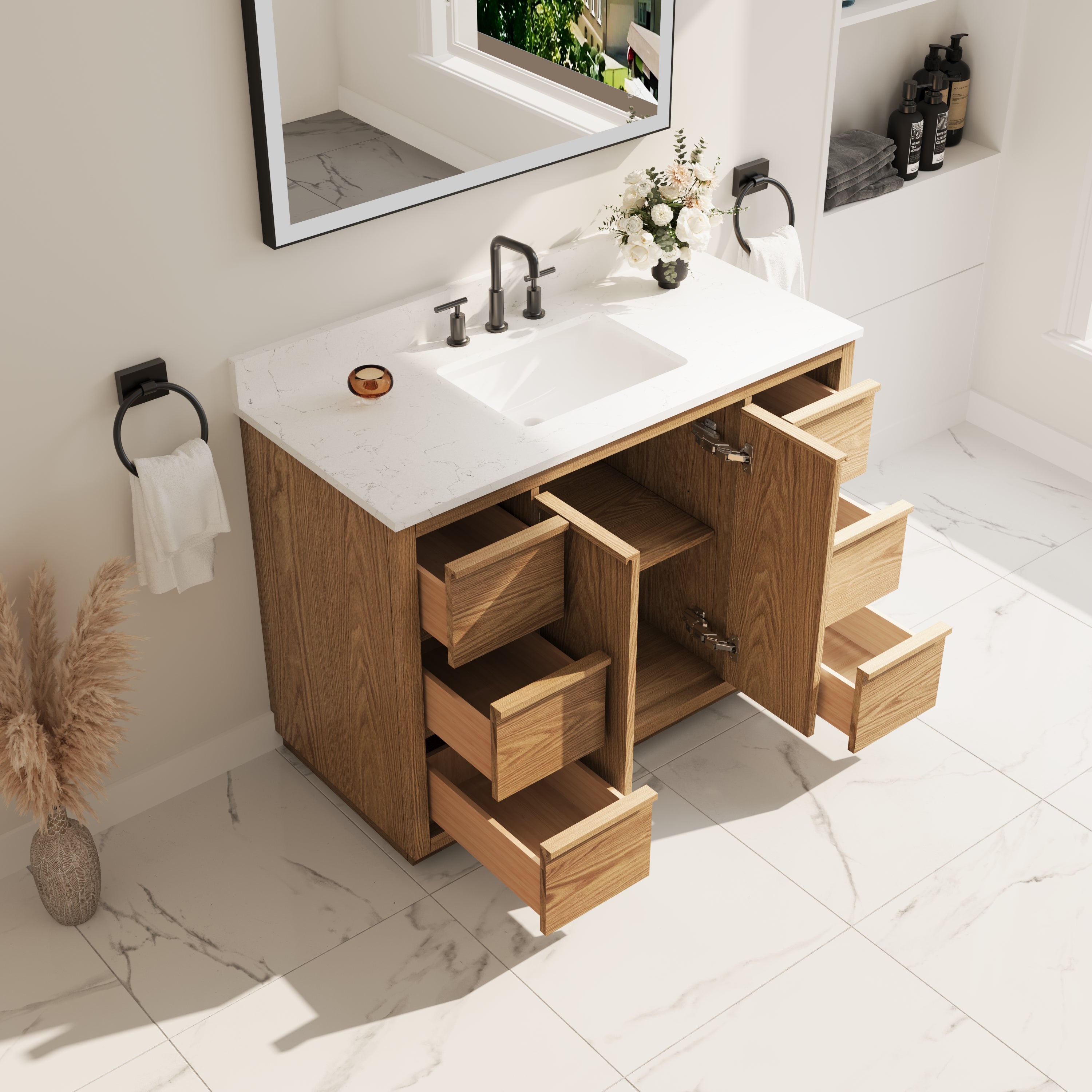 48 Inch Oak Soild Wood Bathroom Vanity with Sink, 6 Dovetail-constructed Drawers and 2 Soft-close Doors