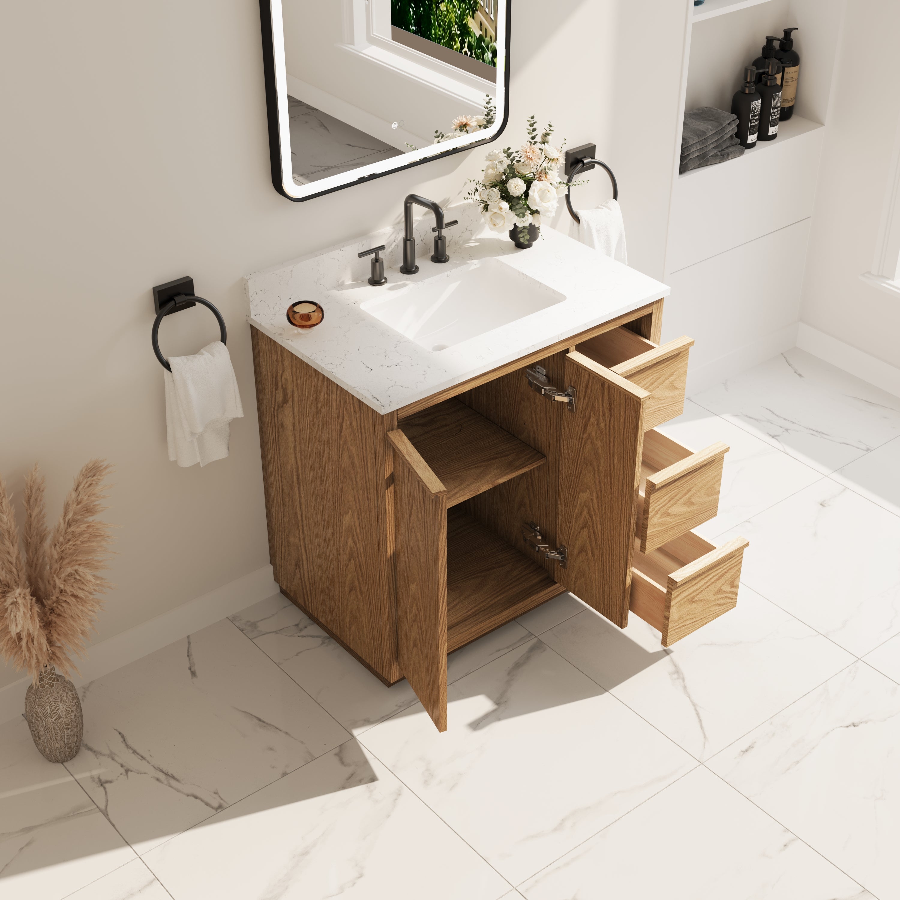 36 Inch Oak Soild Wood Bathroom Vanity with Sink, 3 Dovetail-constructed Drawers and 2 Soft-close Doors