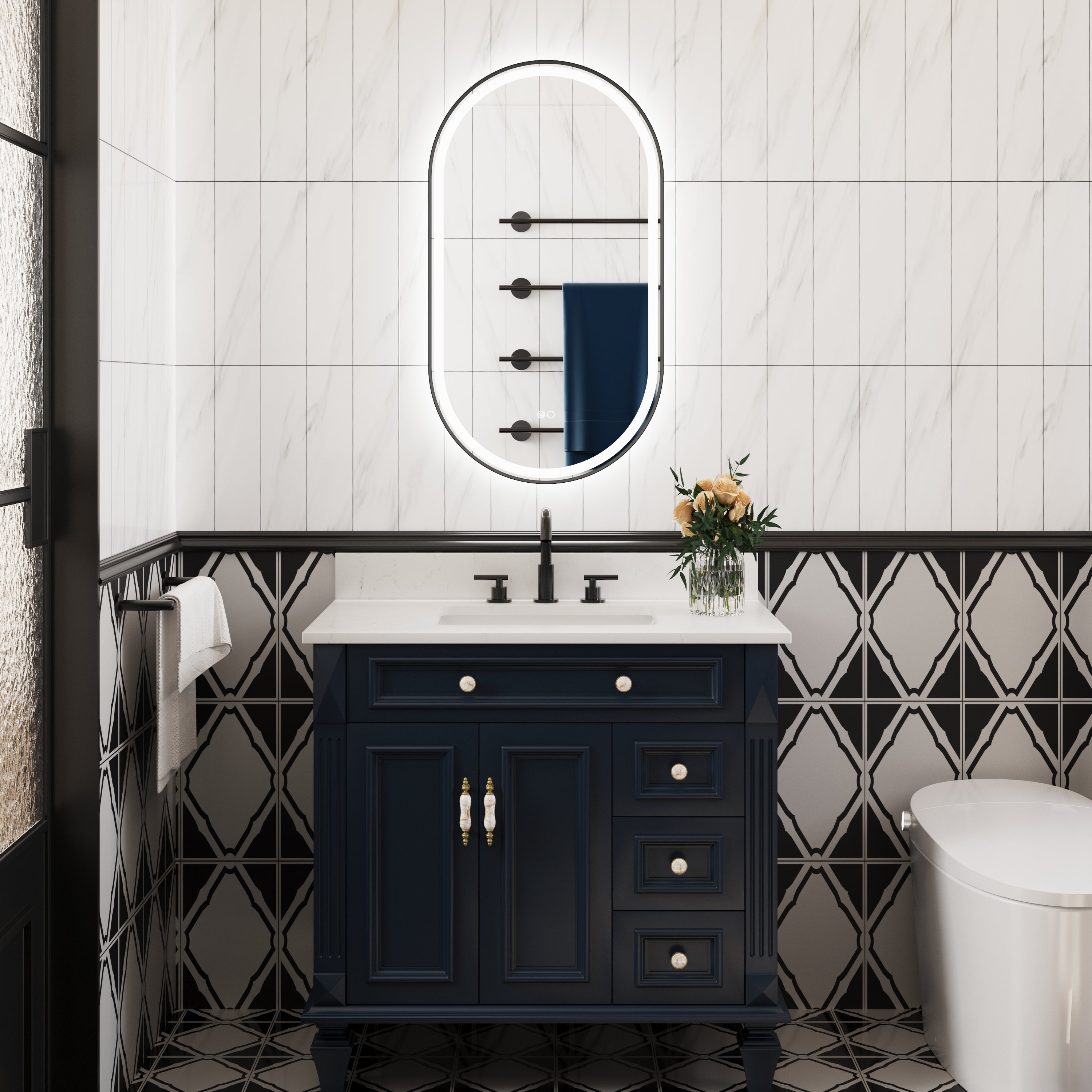 20 in. W x 36 in. H Oval Framed LED Wall-Mounted Bathroom Vanity Mirror in Matte Black