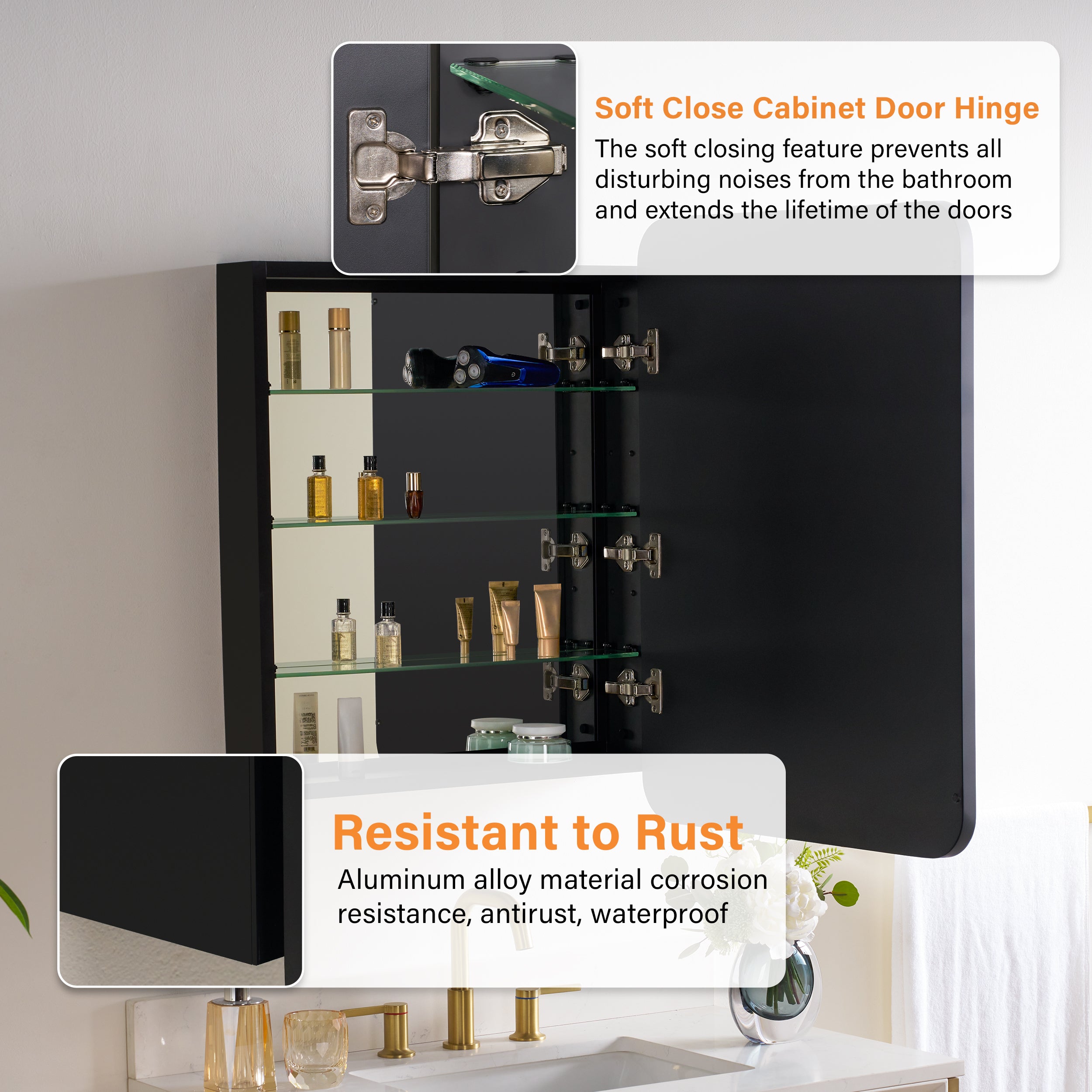 24 in. × 32 in. Black Aluminum Framed Medicine Cabinet Tempered Glass Shelves Explosion Proof Recessed or Wall Mount