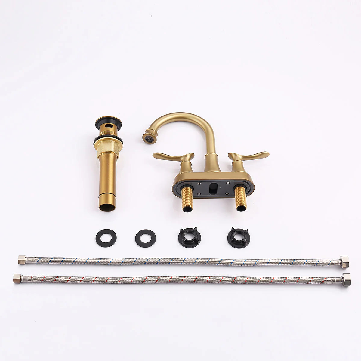 Double Handle 4-Inch Brushed Gold Bathroom Vanity Sink Faucets with Pop-up Drain and Supply Hoses