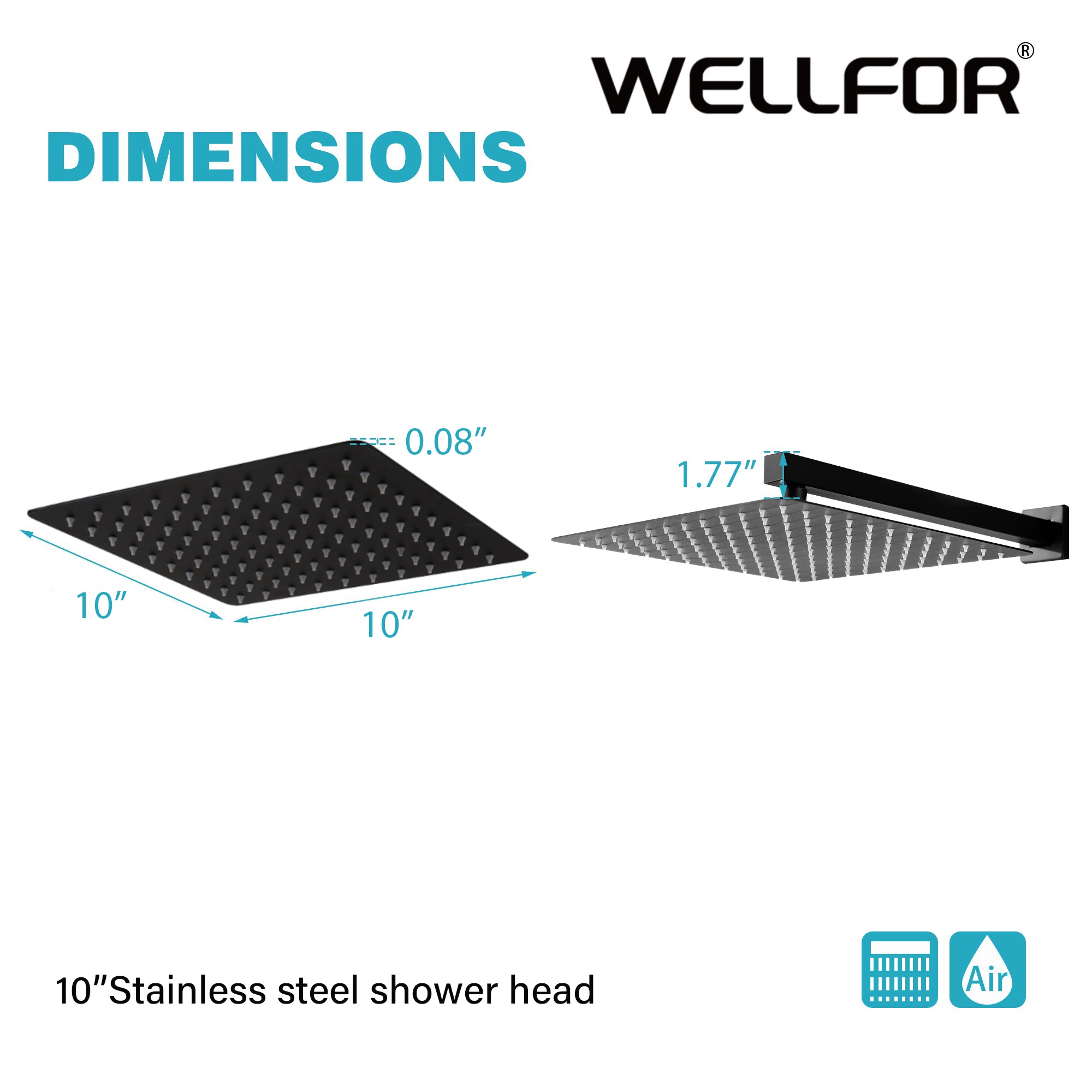 10 inch Square Stainless Steel Silicone Nozzles Shower Head