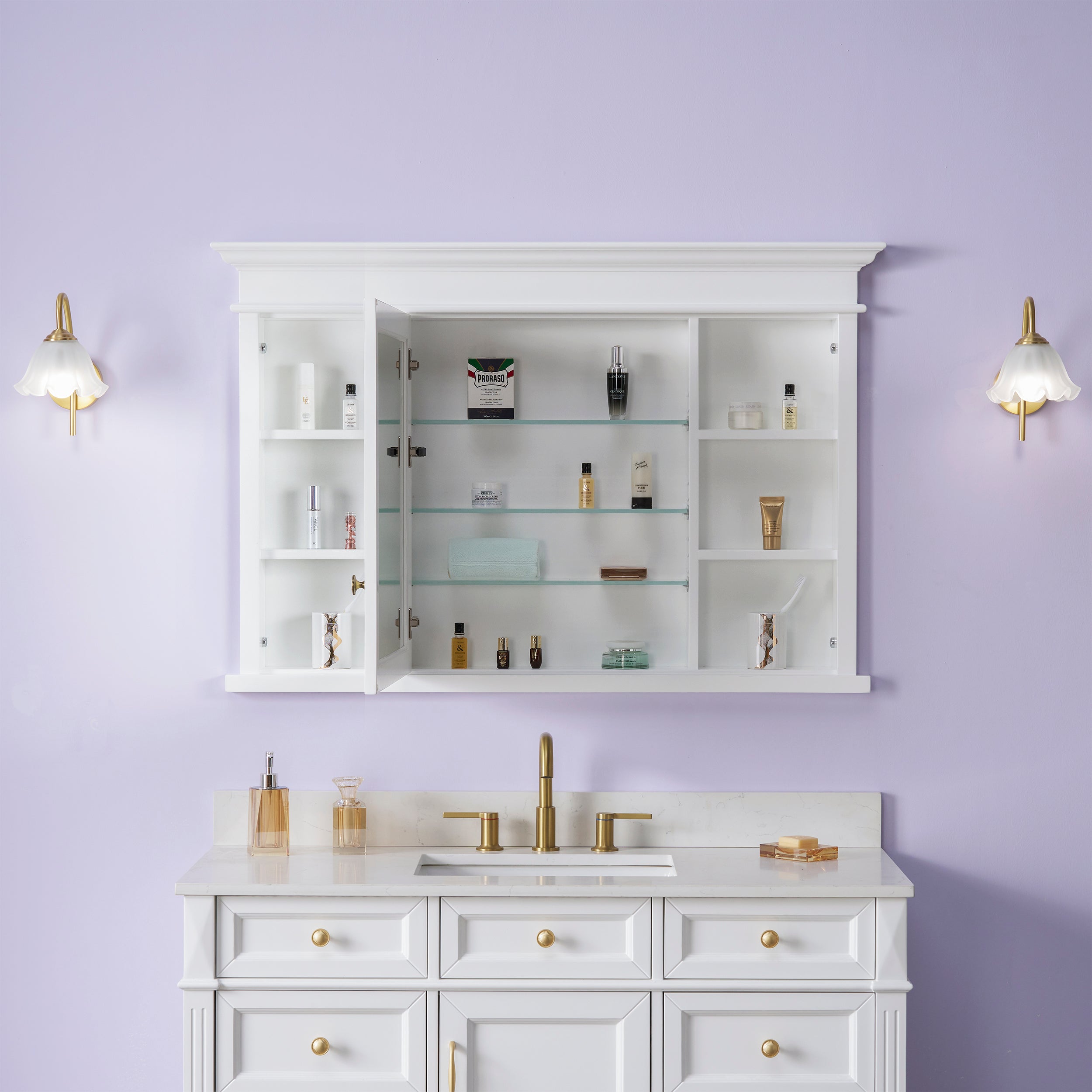 48 in.W x 32 in.H Recessed Solid Wood Bathroom Medicine Cabinet with Mirror in White