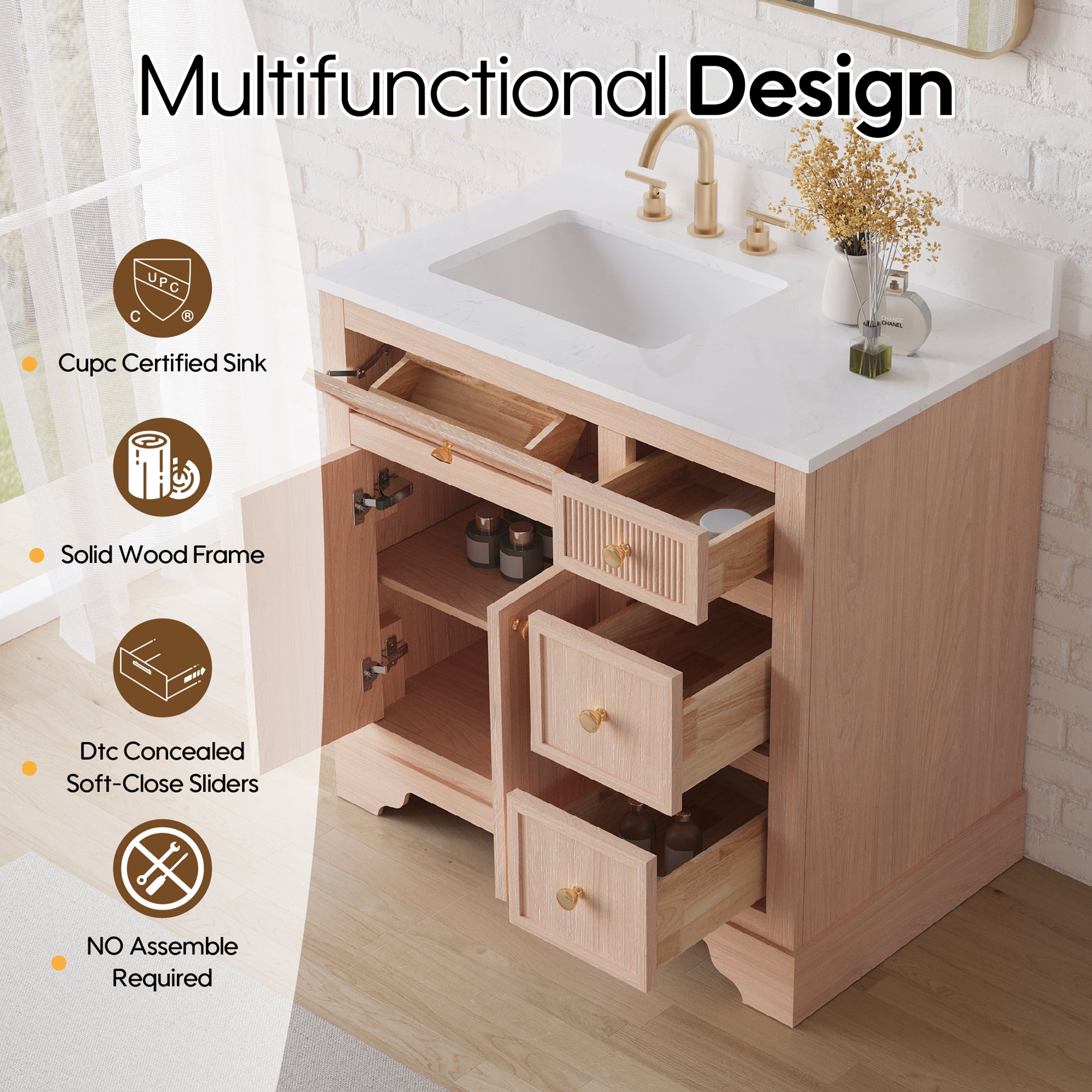 36-Inch Freestanding Bathroom Vanity with Carrera White Top Sink-LIGHT WOOD