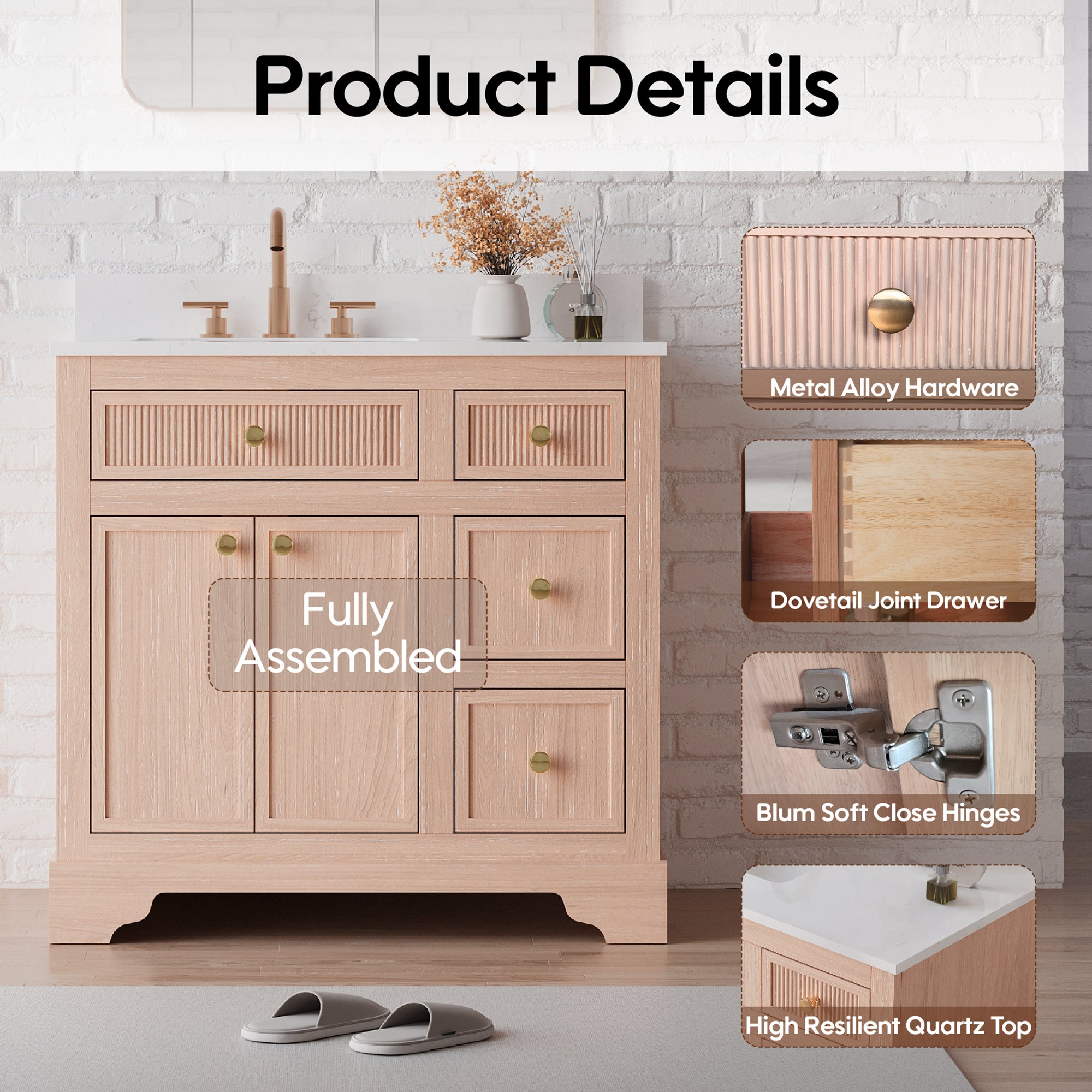 36-Inch Freestanding Bathroom Vanity with Carrera White Top Sink-LIGHT WOOD
