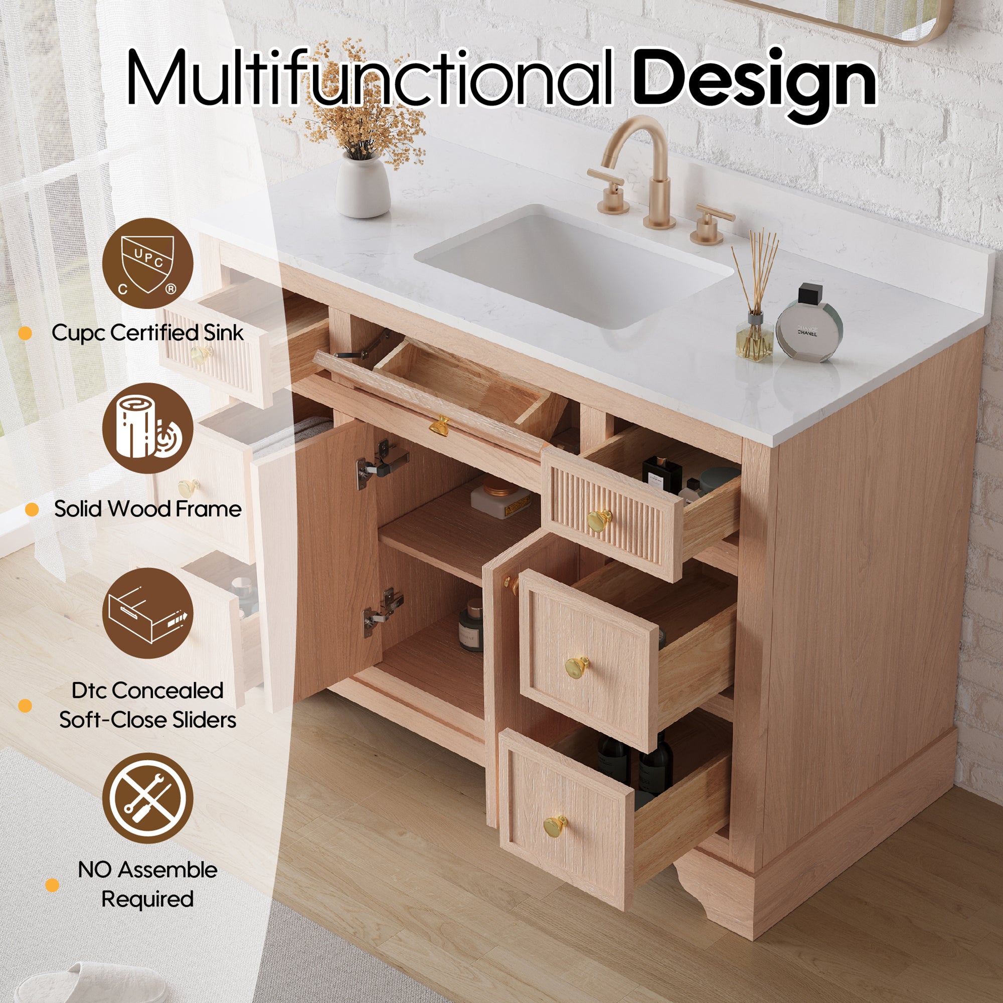48-Inch Light Wood Freestanding Bathroom Vanity with Carrera White Top Sink