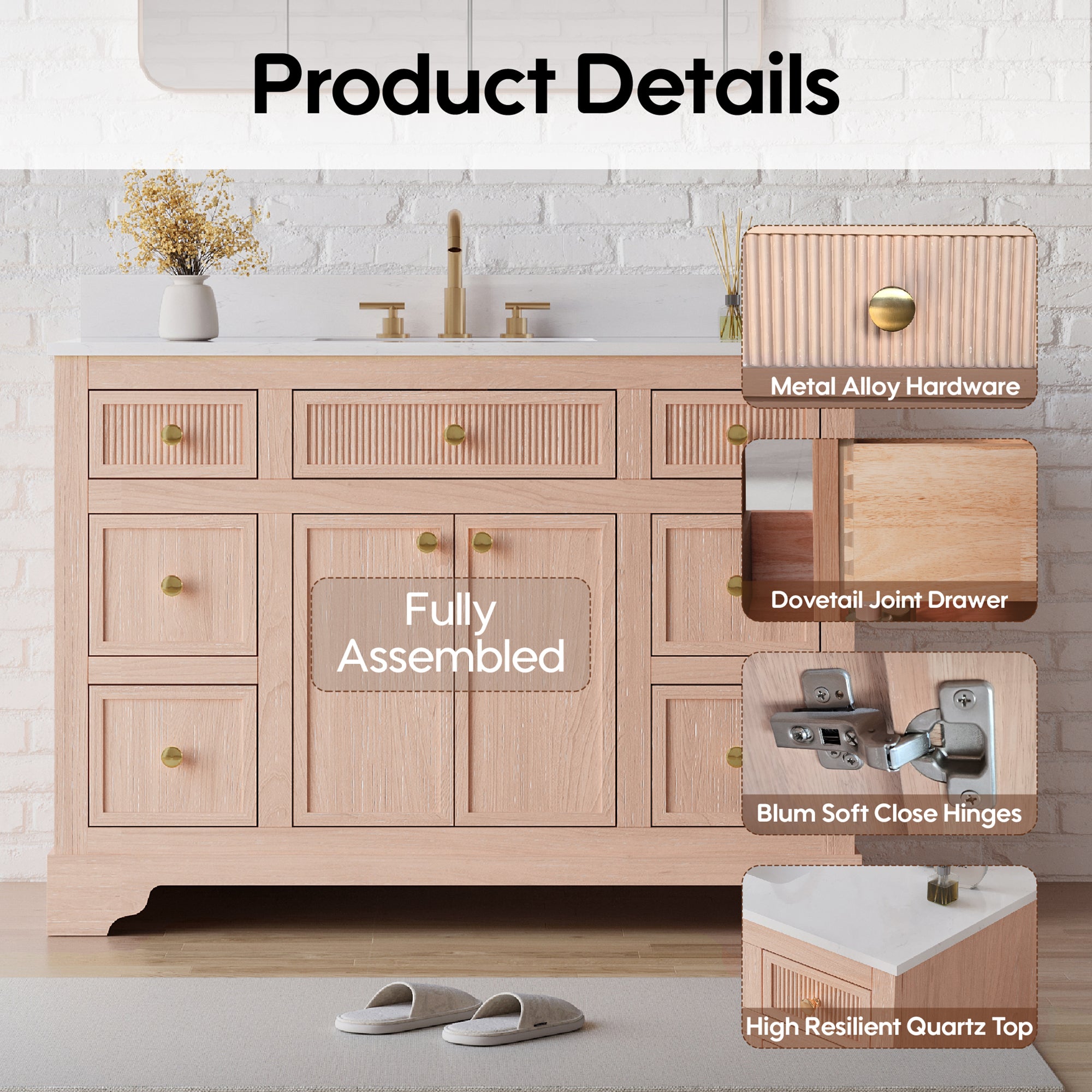48-Inch Light Wood Freestanding Bathroom Vanity with Carrera White Top Sink