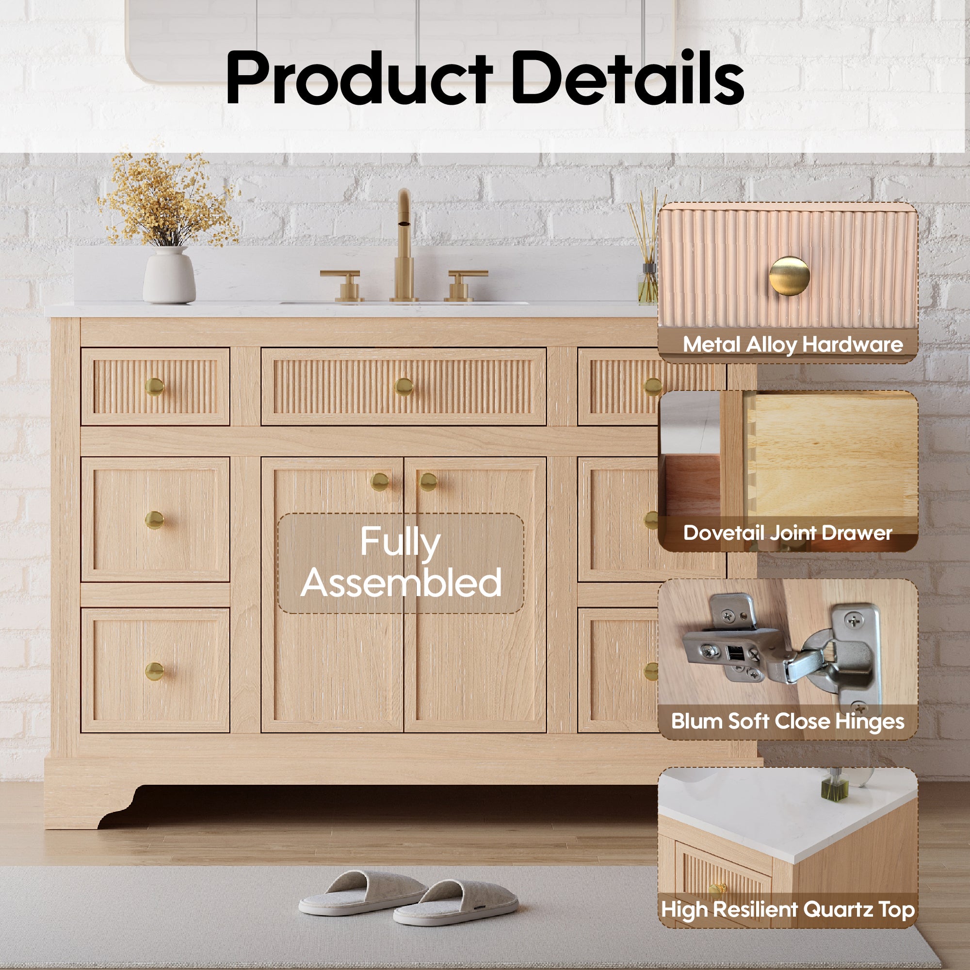 48-Inch Light Wood Freestanding Bathroom Vanity with Carrara White Quartz Top Sink