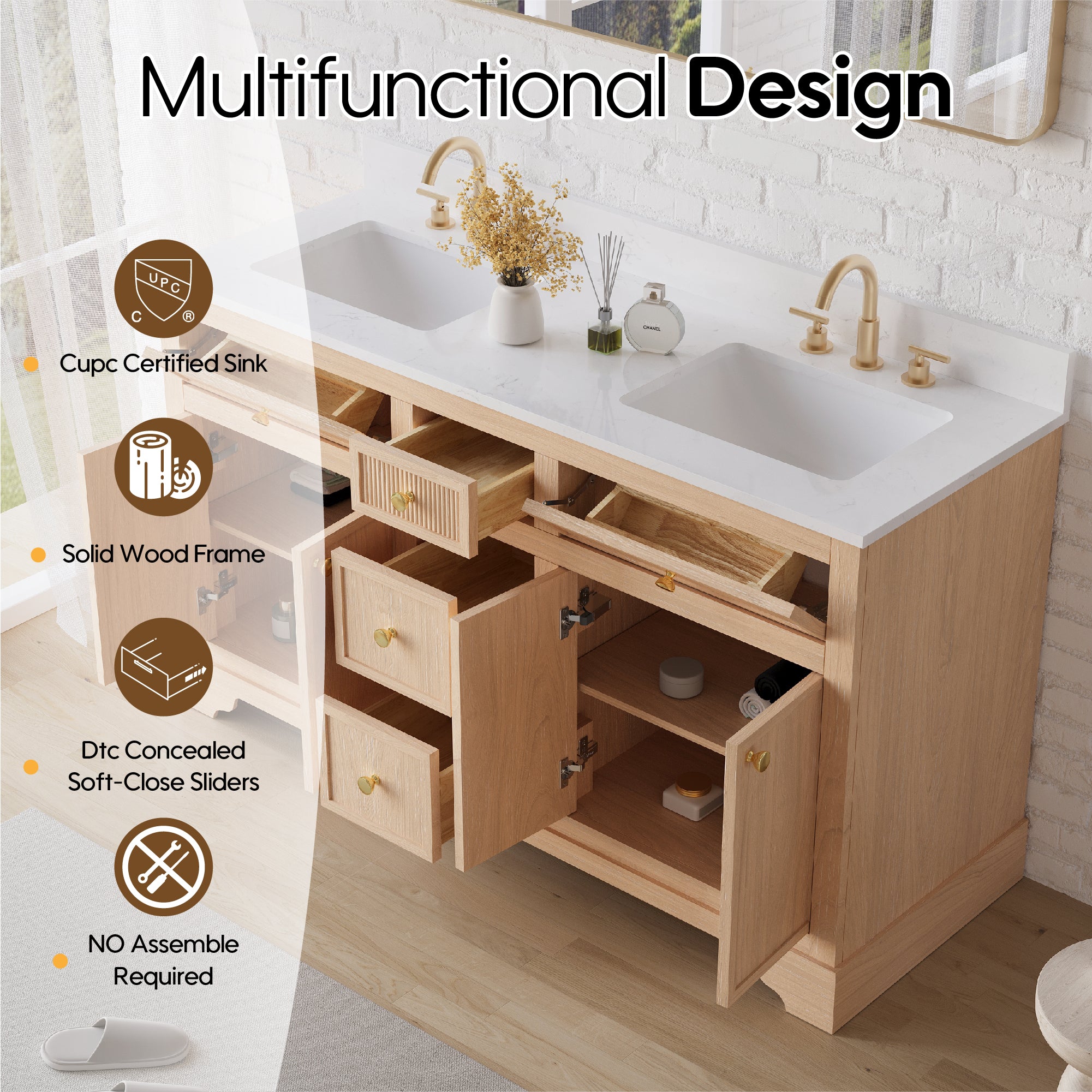 60-Inch Light Wood Freestanding Bathroom Vanity with Carrera White Top Sink