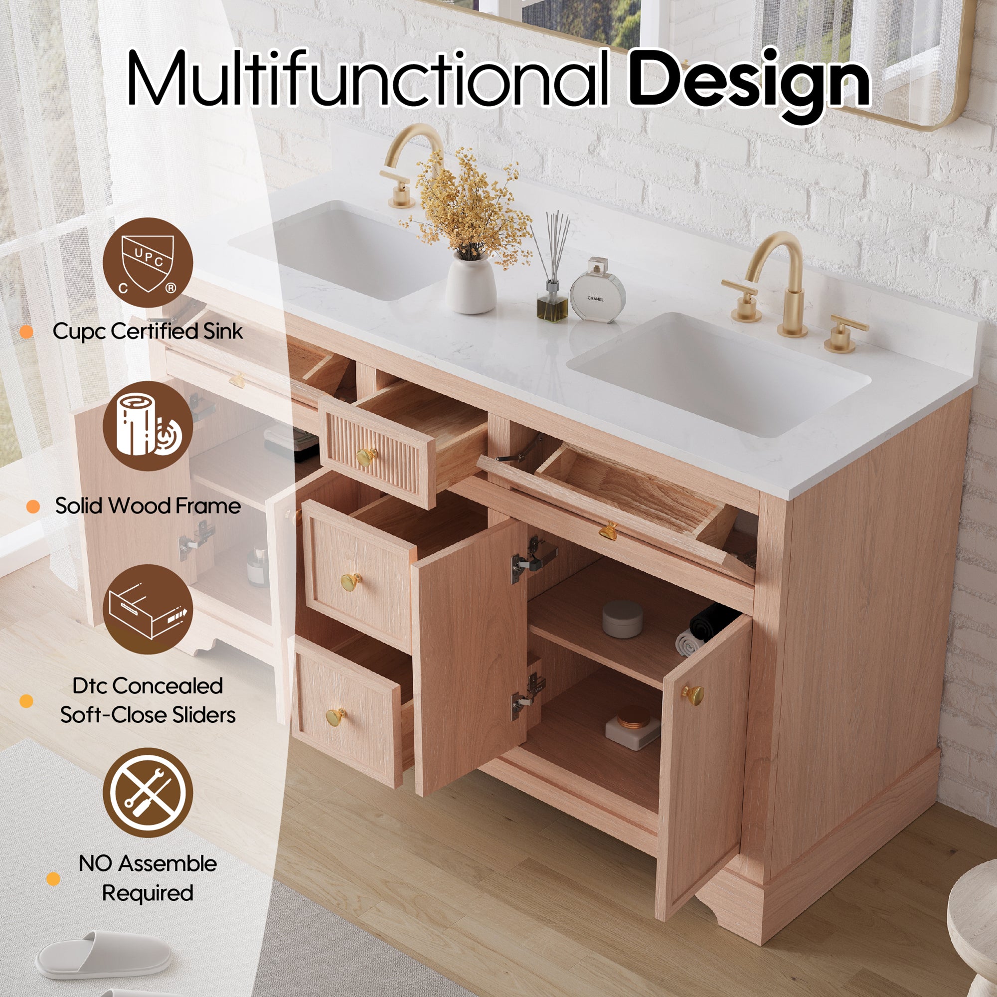 60-Inch Light Wood Freestanding Bathroom Vanity with Carrera White Top Sink