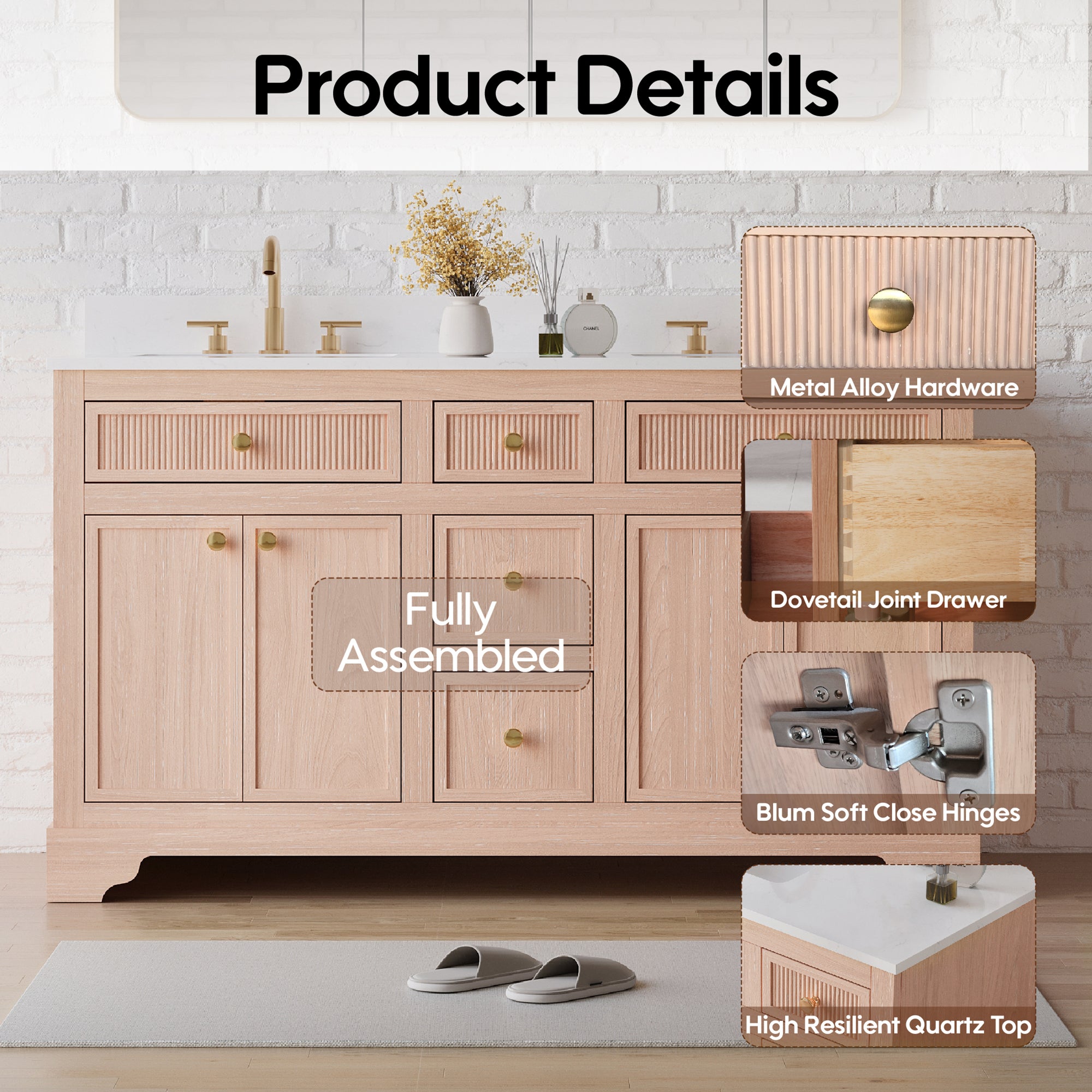 60-Inch Light Wood Freestanding Bathroom Vanity with Carrera White Top Sink