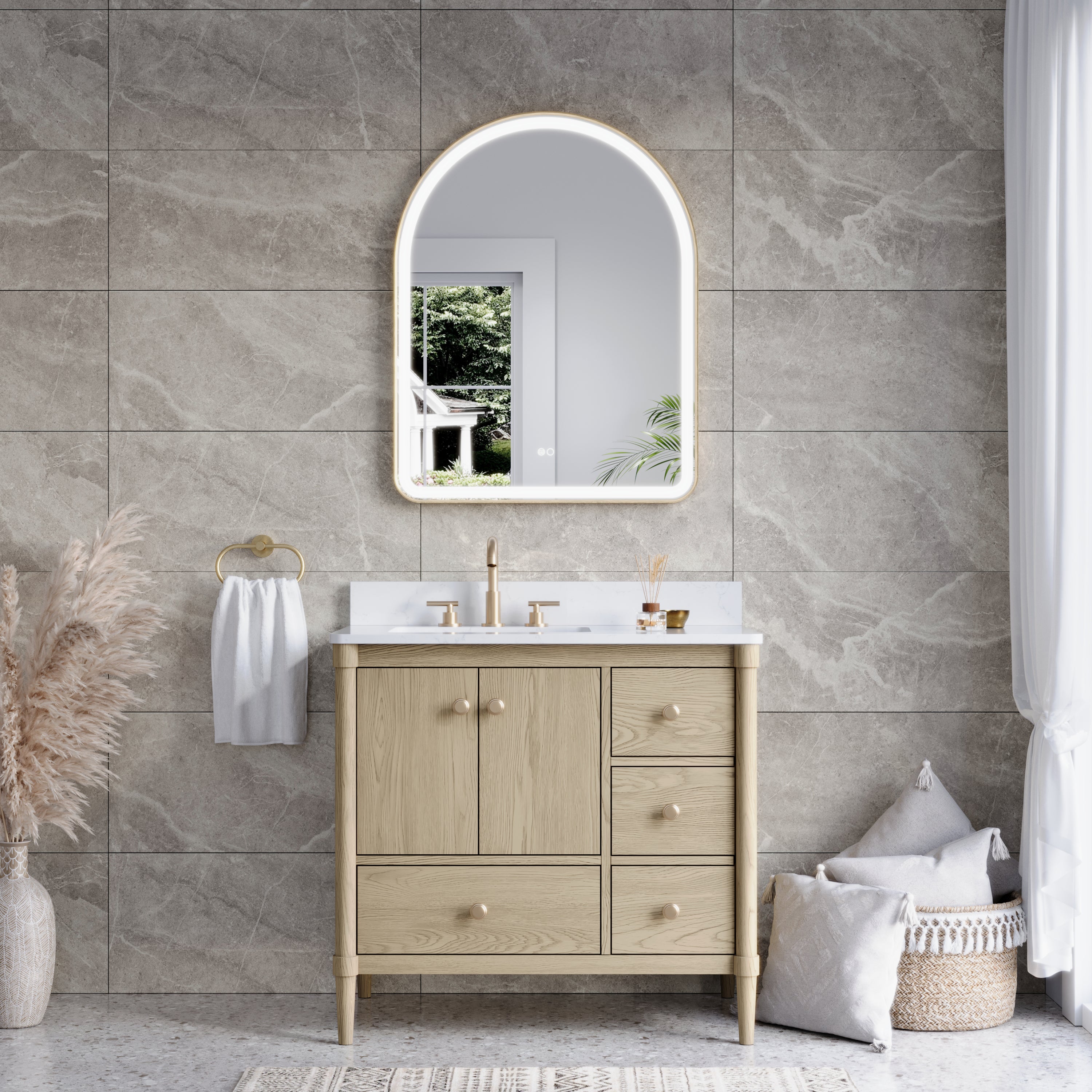 28 in. W x 36 in. H Arched Gold Framed LED Light Bathroom Vanity Mirror