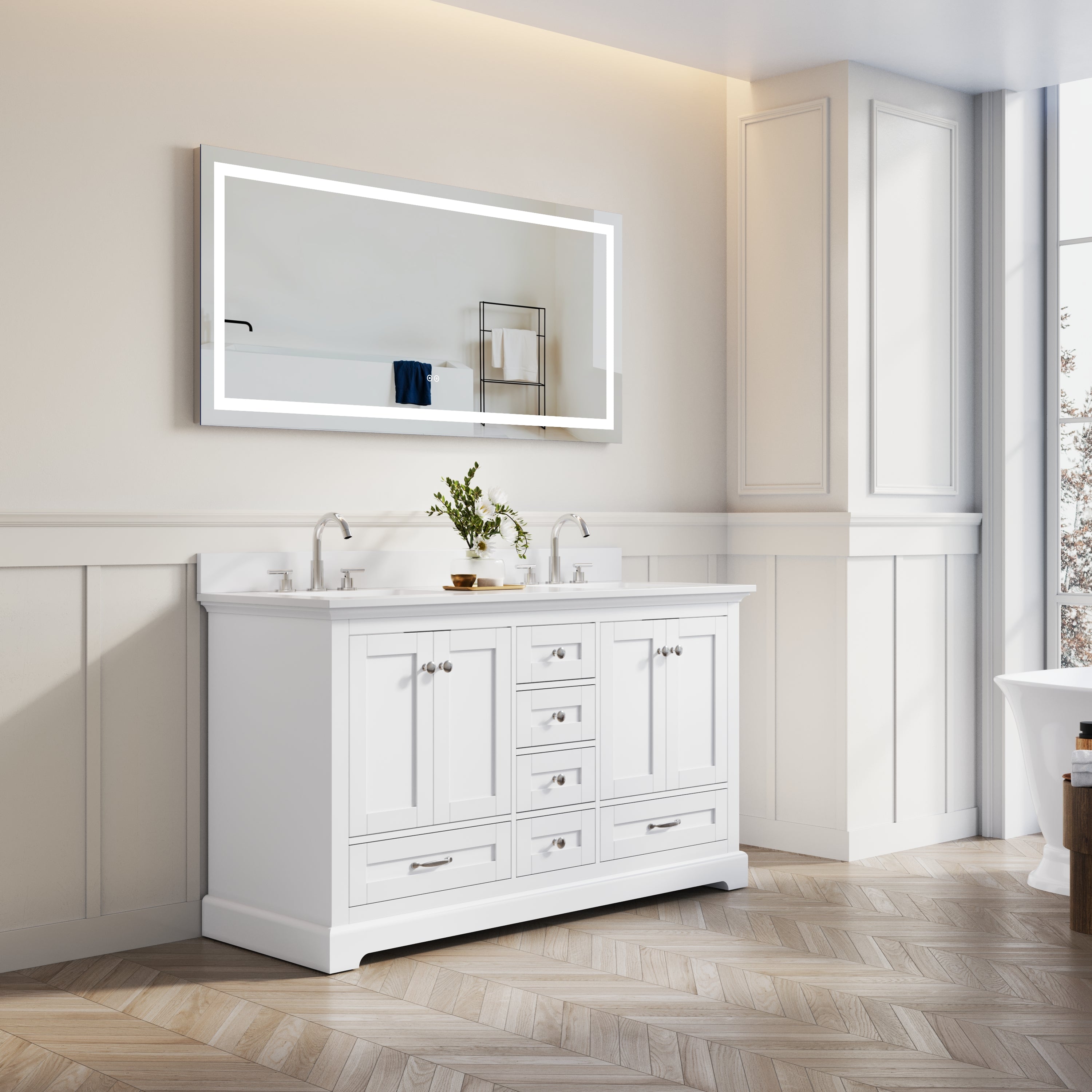 60 Inch White Bathroom Vanity with 2 cUPC Undermount Basins with 4 Doors and 6 Drawers