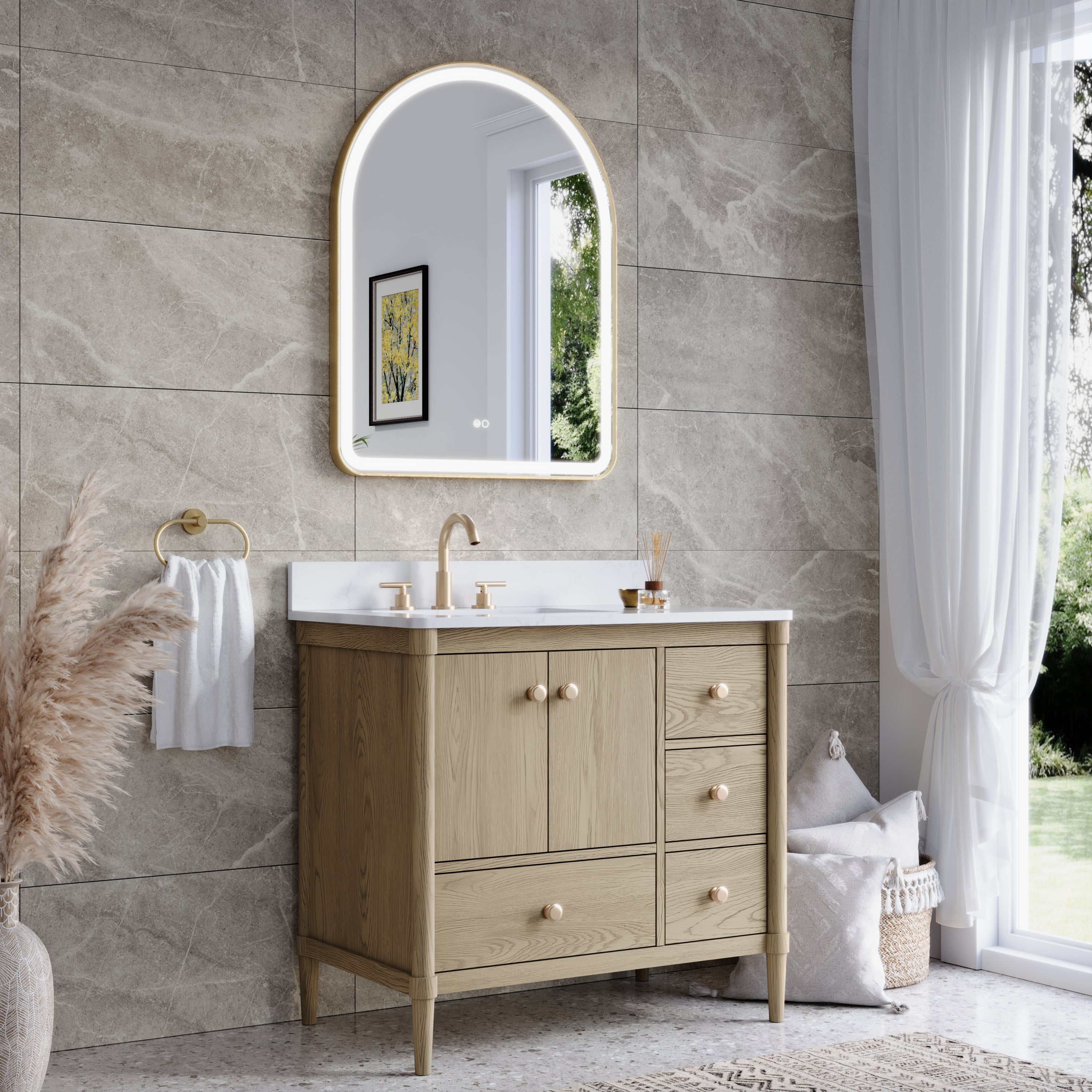 28 in. W x 36 in. H Arched Gold Framed LED Light Bathroom Vanity Mirror