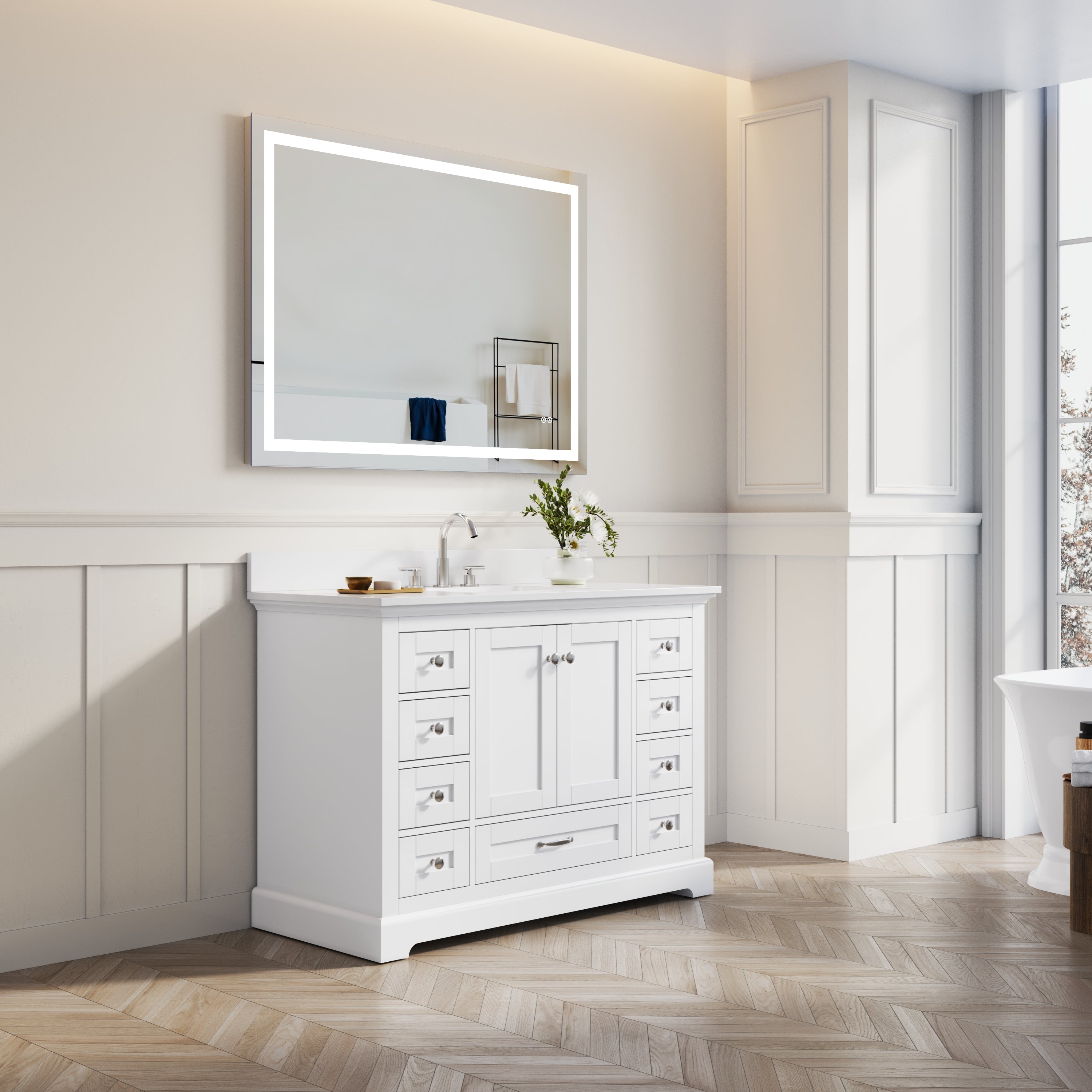 48 Inch White Bathroom Vanity with cUPC Undermount Basin with 2 Doors and 9 Drawers