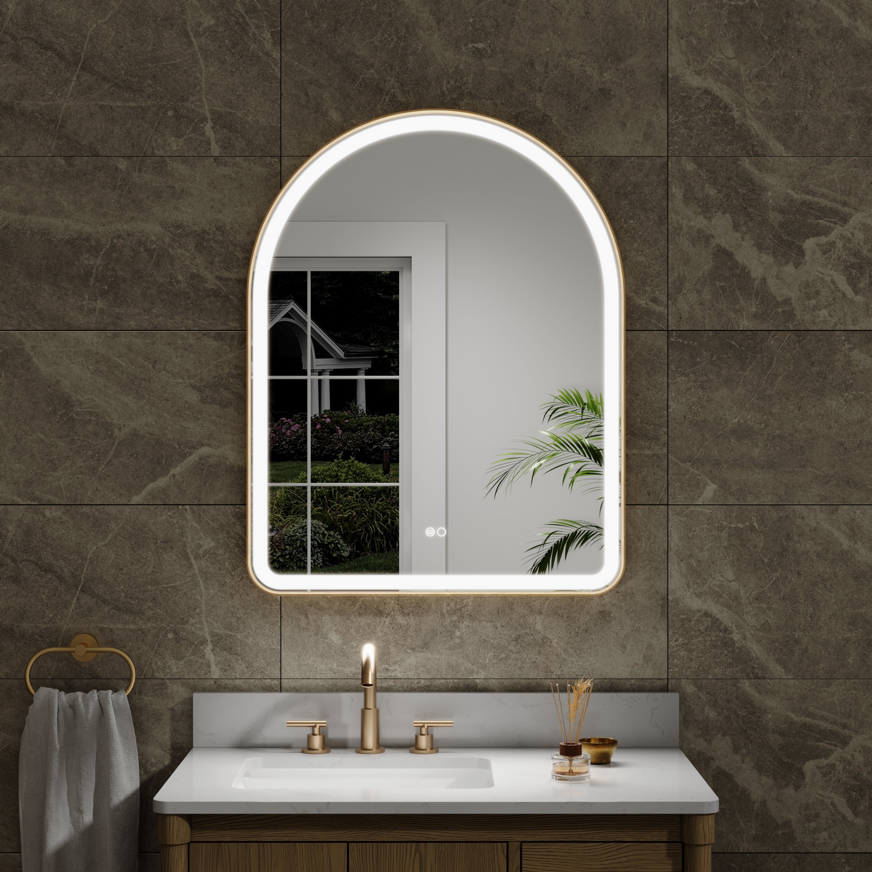 28 in. W x 36 in. H Arched Gold Framed LED Light Bathroom Vanity Mirror