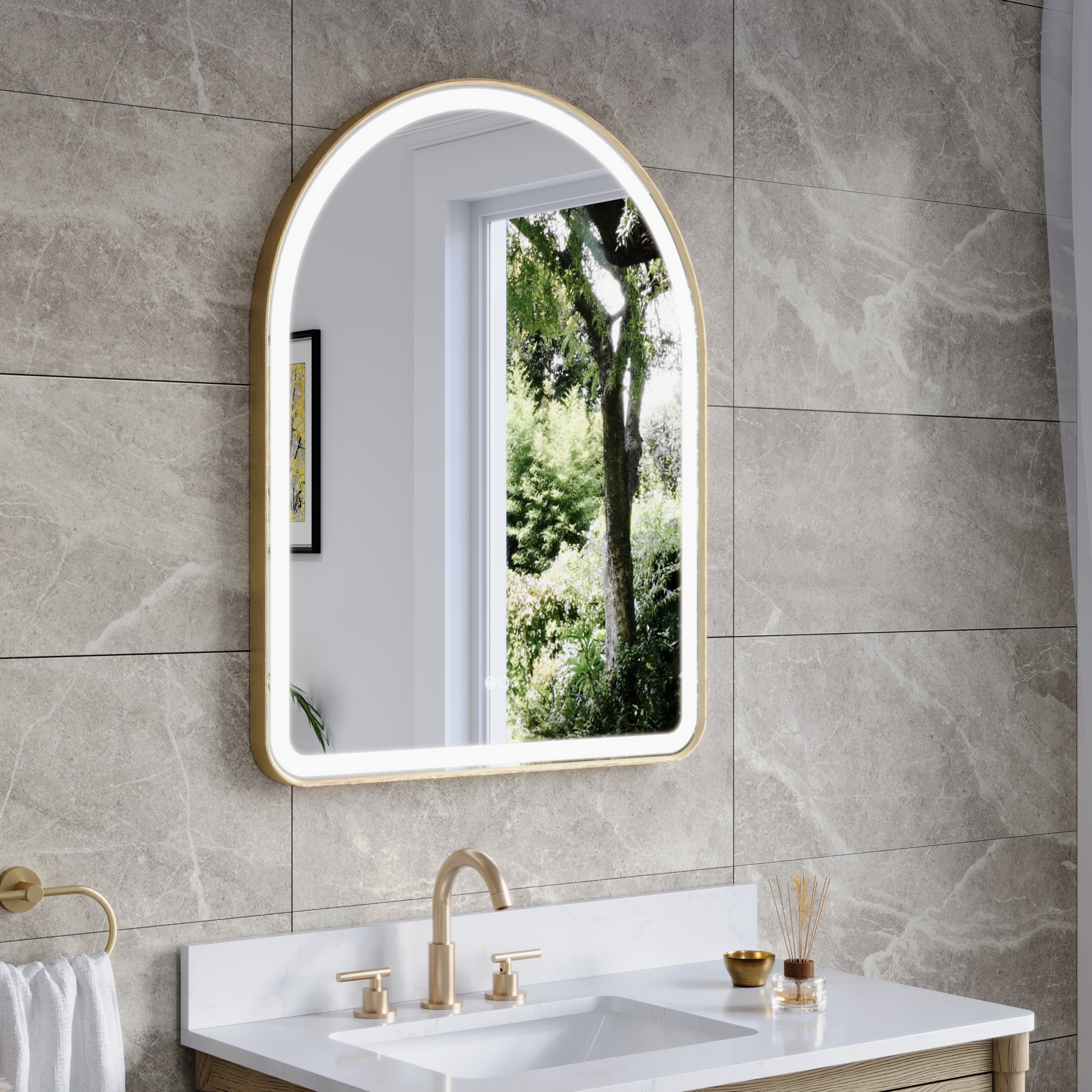 28 in. W x 36 in. H Arched Gold Framed LED Light Bathroom Vanity Mirror