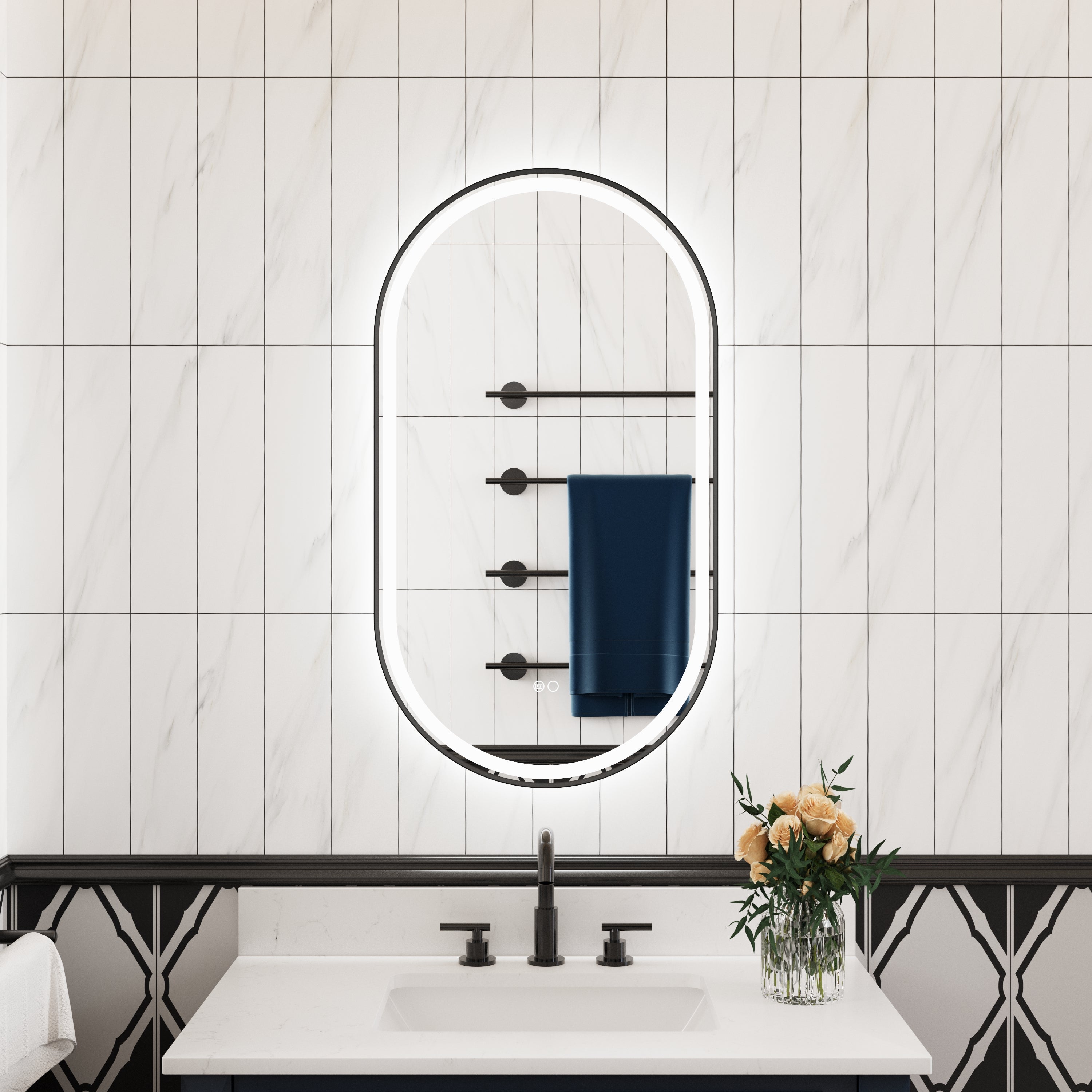 20 in. W x 36 in. H Oval Framed LED Wall-Mounted Bathroom Vanity Mirror in Matte Black