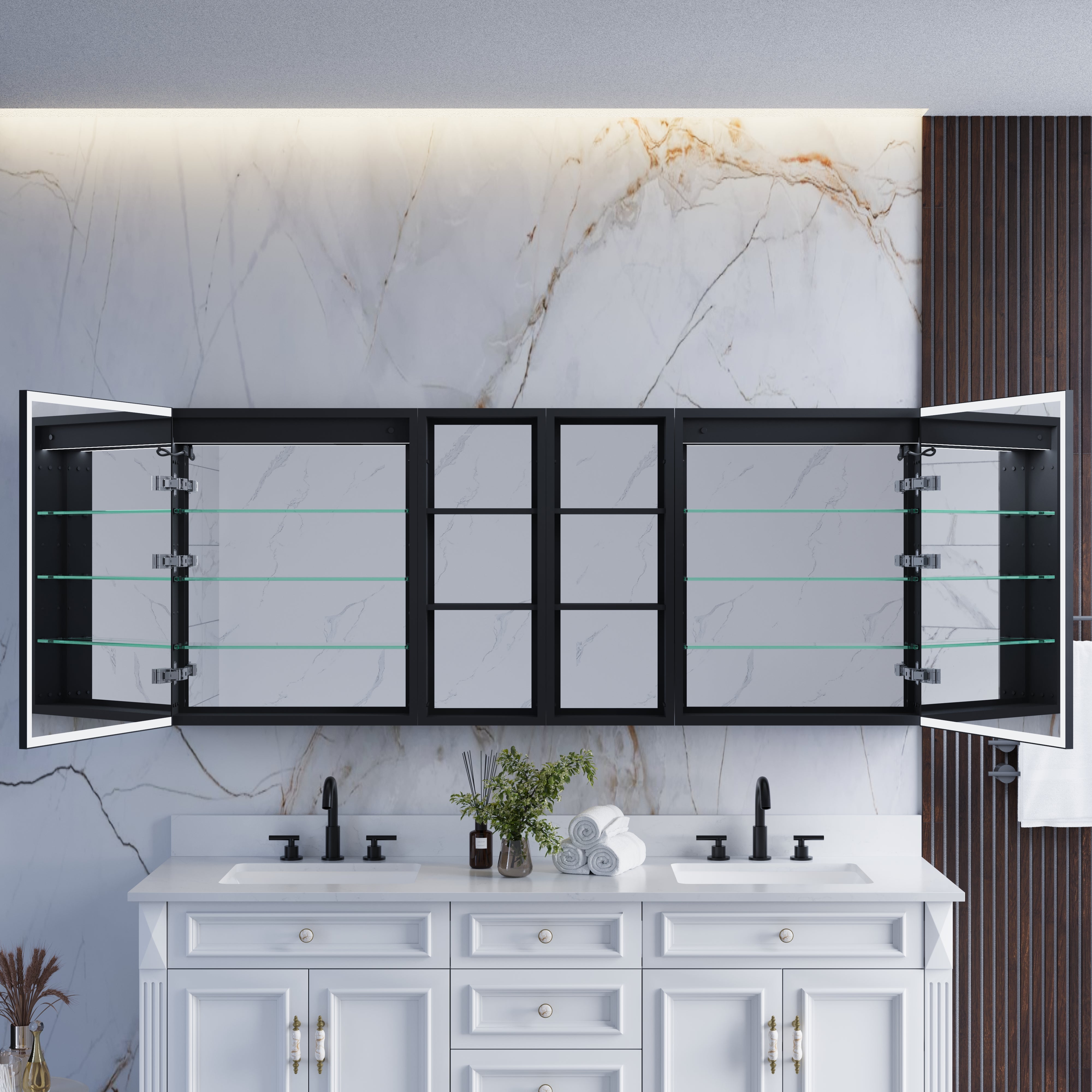 72 in. x 30 in. Black Aluminum Medicine Cabinet with Mirror and LED Light