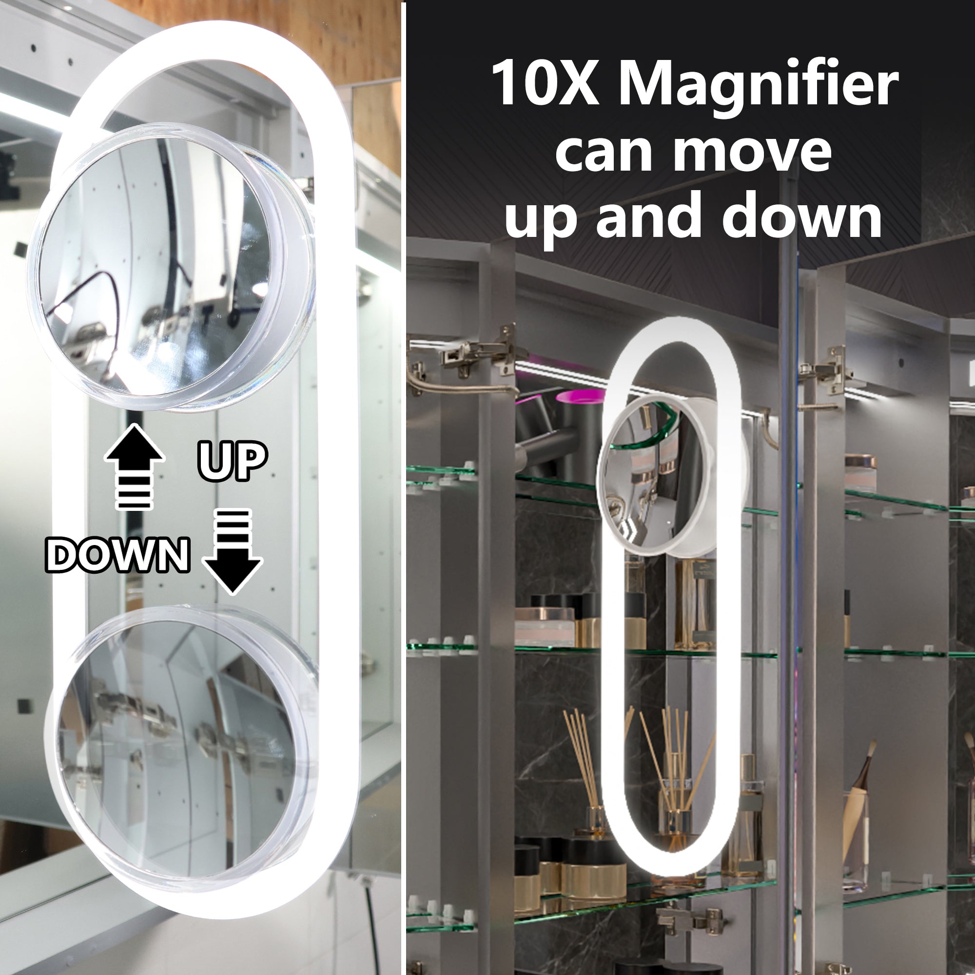 WELLFOR 54 in. x 36 in. Recessed/Surface Mount Medicine Cabinet with 10x Magnifier Mirror with Outlet, Clock and Temperature