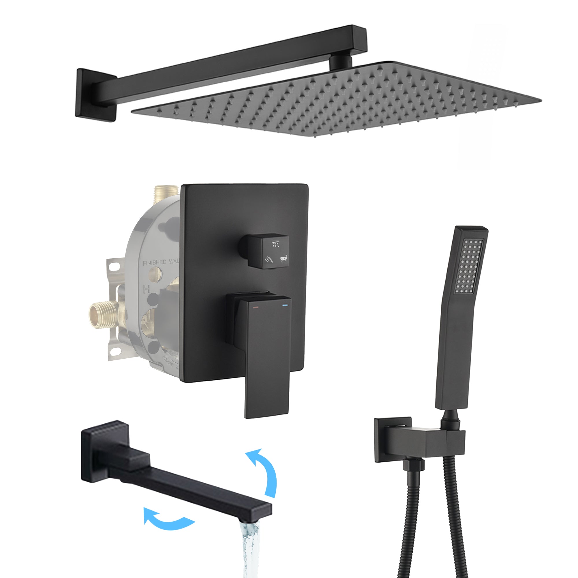 10 inch Single Handle High Pressure Tub and Shower Faucet with Hand Shower in Matte Black