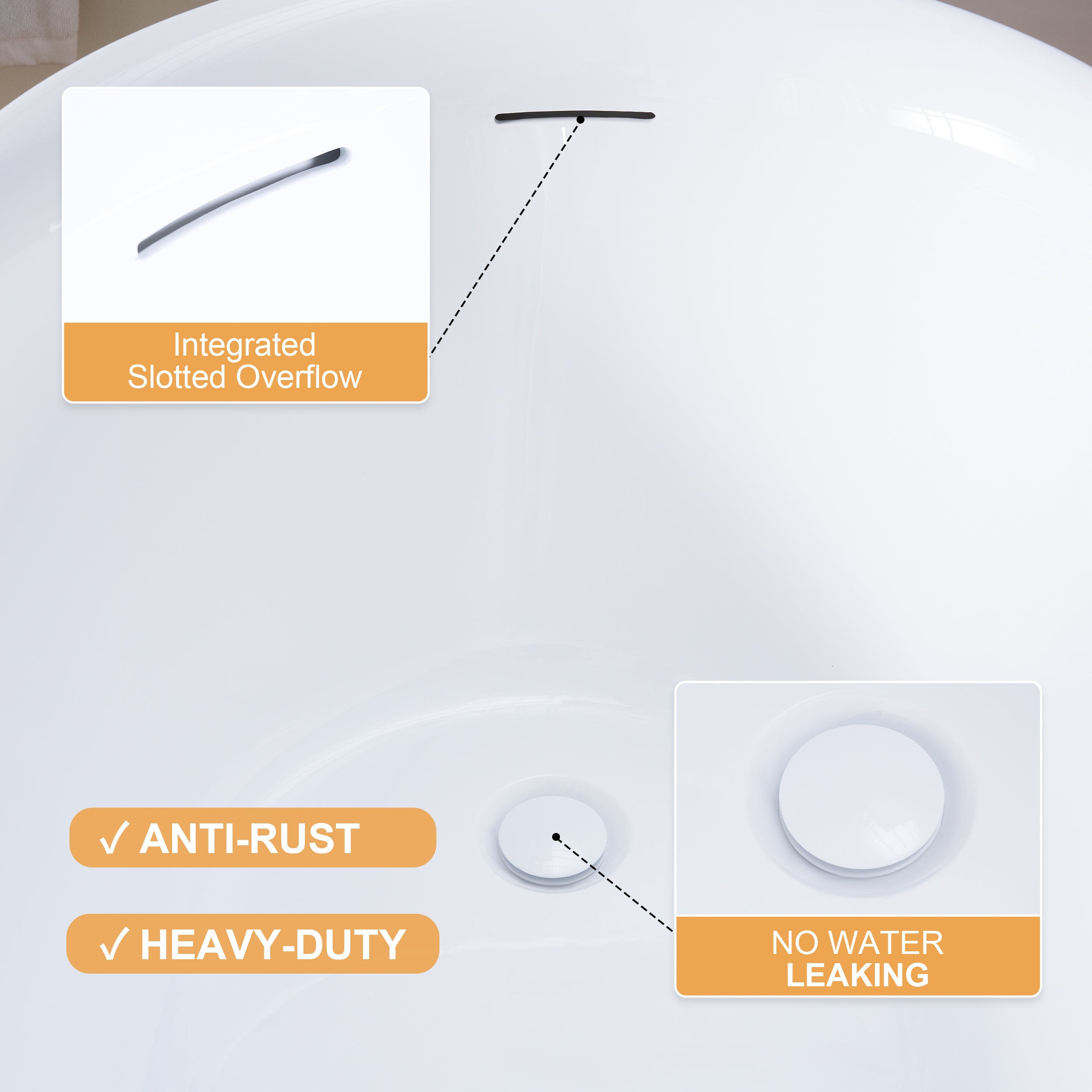 66" Freestanding Glossy White Acrylic Bathtub with Overflow and Drainage