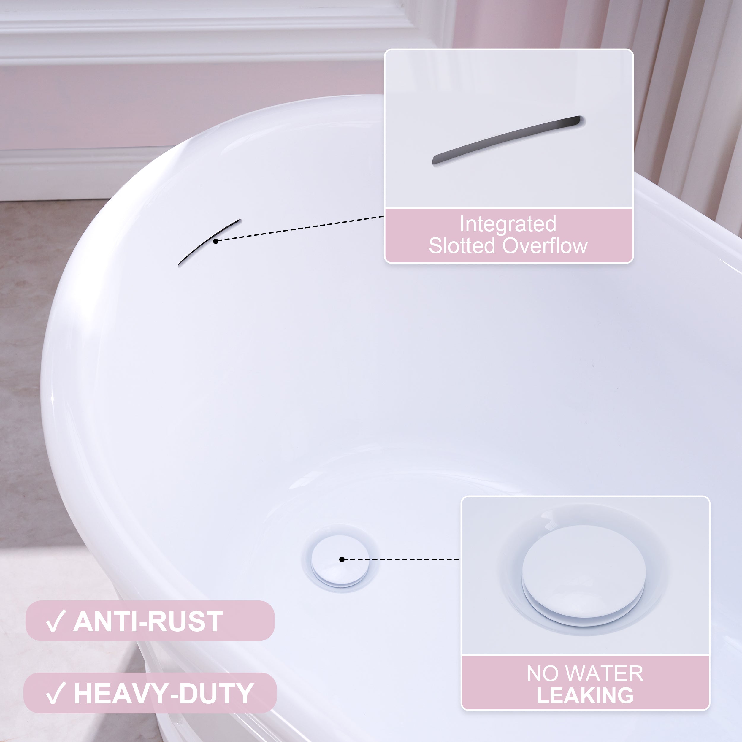 66" Glossy White Acrylic Freestanding Bathtub with Integrated Slotted Overflow