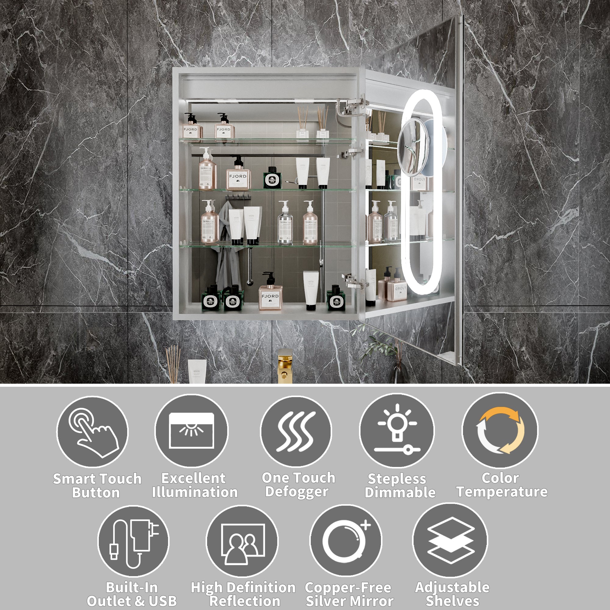24 in. x 32 in. Recessed/Surface Mount Right LED Medicine Cabinet with 5X Magnifier Mirror, Aluminum Frame
