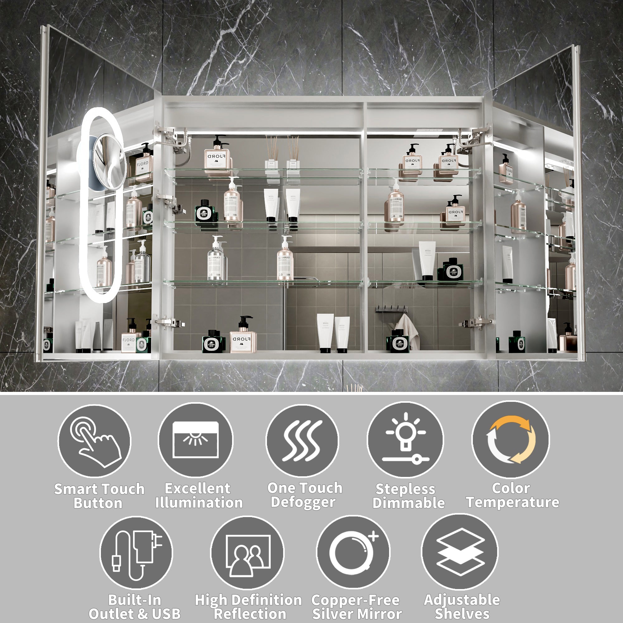 40 in. x 32 in. Recessed/Surface Mount LED Medicine Cabinet with 5X Magnifier Mirror, Aluminum Frame