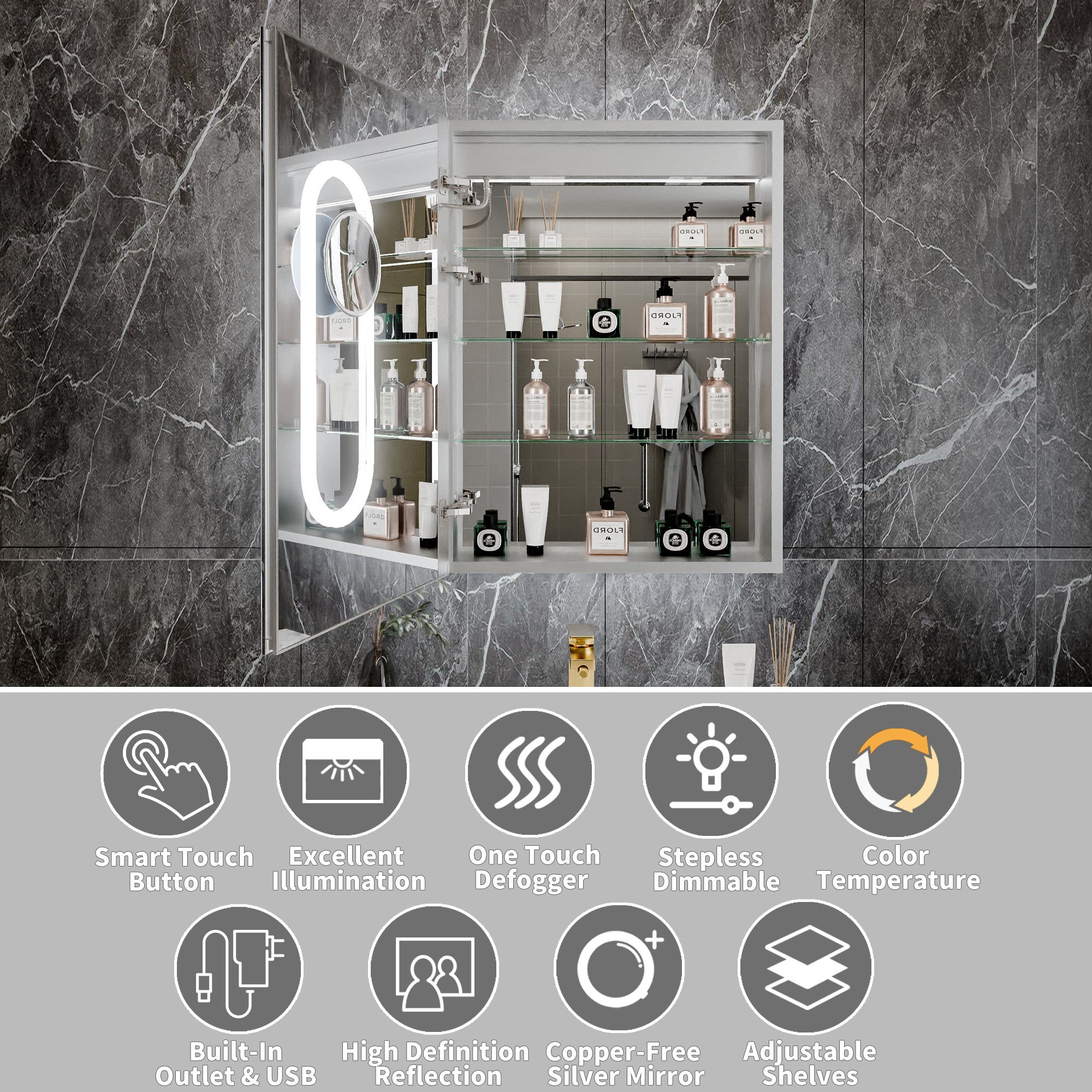 24 in. x 32 in. Recessed/Surface Mount Left LED Medicine Cabinet with 5X Magnifier Mirror, Aluminum Frame