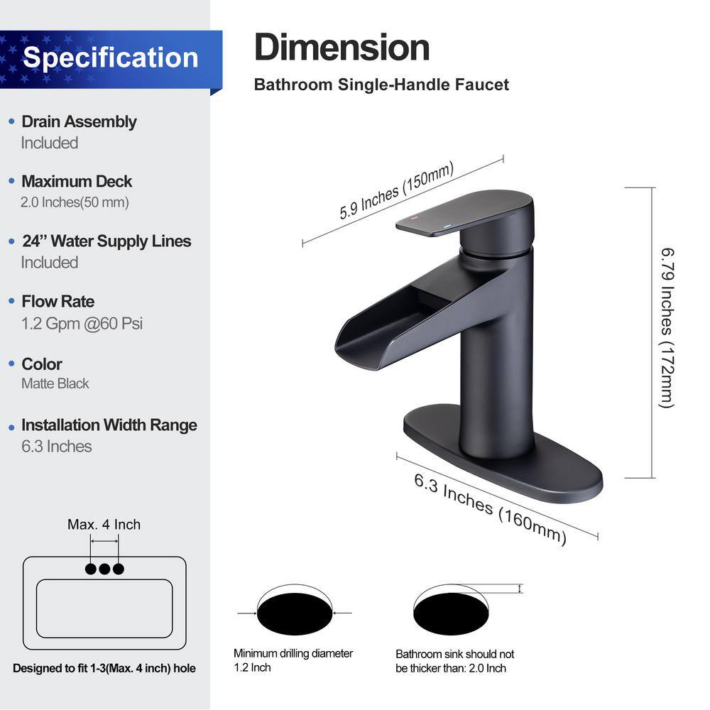 Single Handle Waterfall Spout Single Hole Bathroom Faucet with Deckplate and Drain Kit Included