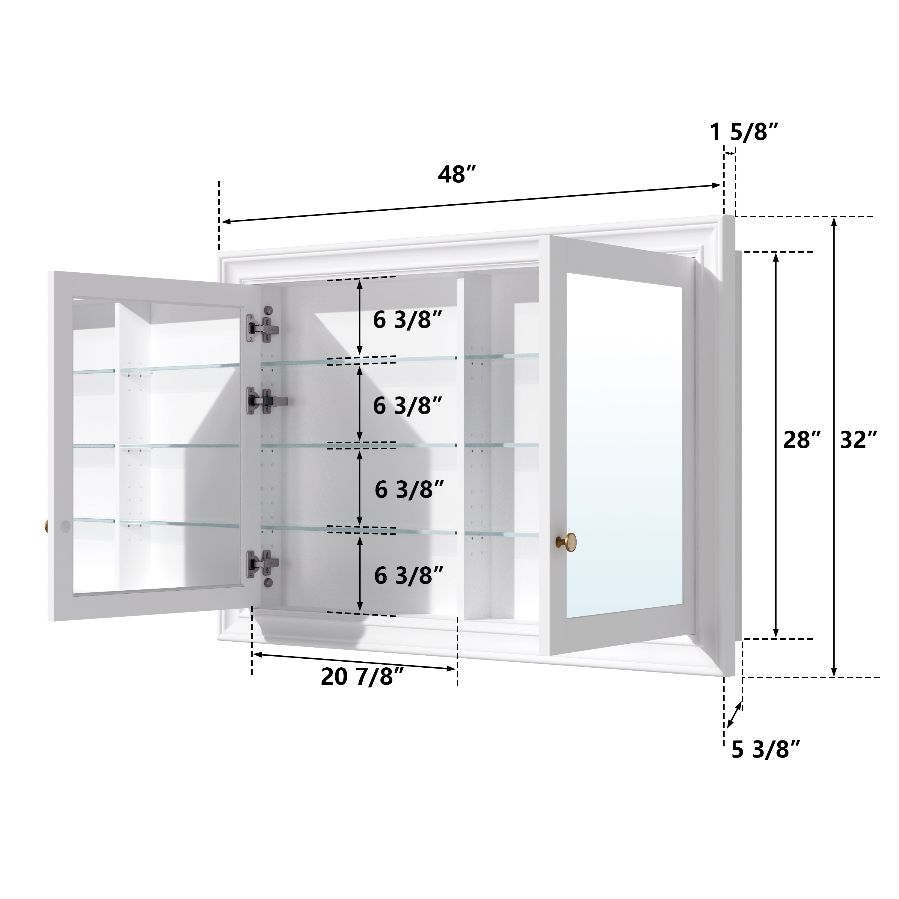 48 in.W x 32 in.H Recessed Bathroom Medicine Cabinet with Mirror in White
