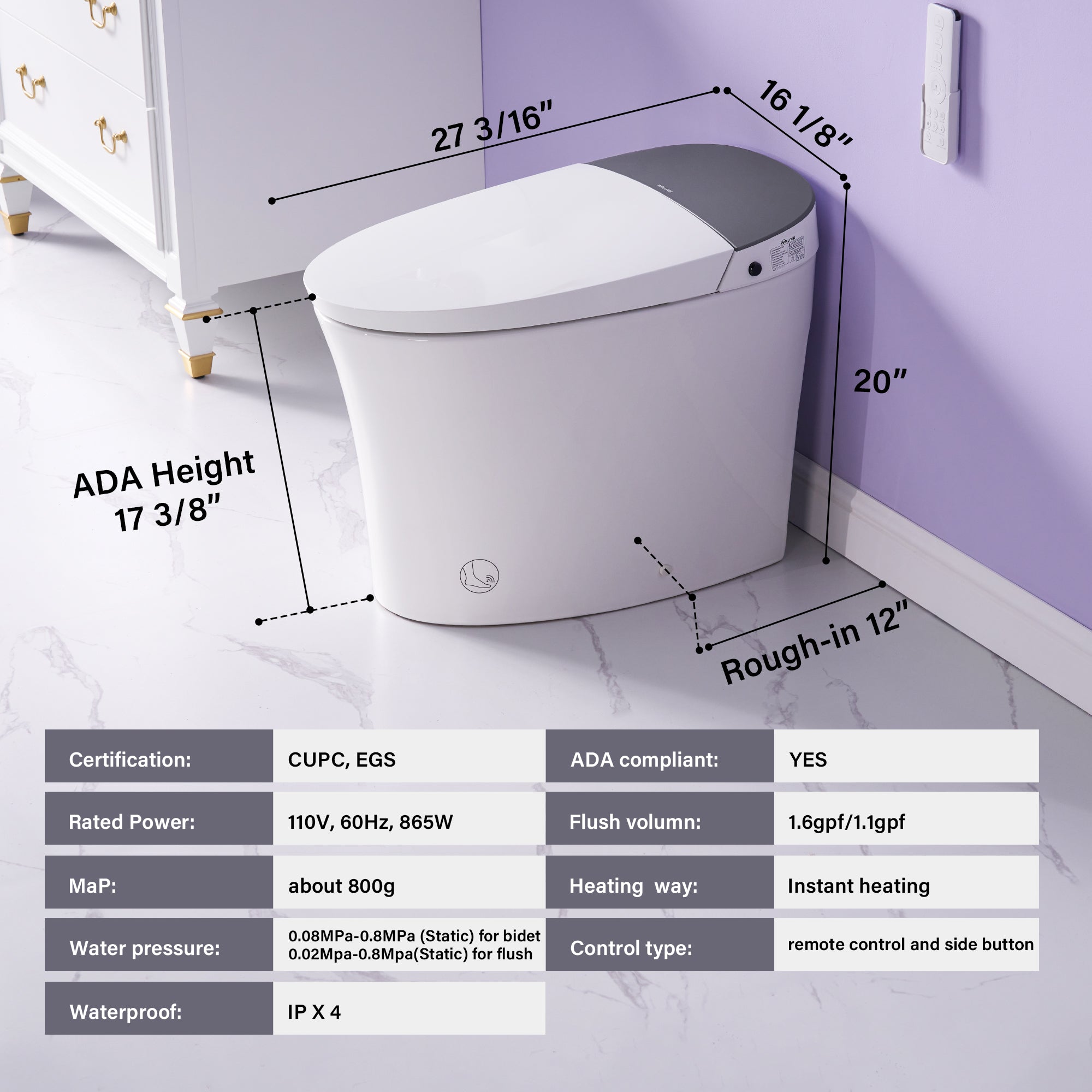 Elongated Smart Bidet Toilet in White with Built-in Tank, Foot Sensor Function, Auto Flush,LED Display, 12-in Rough-In 1.6 GPF