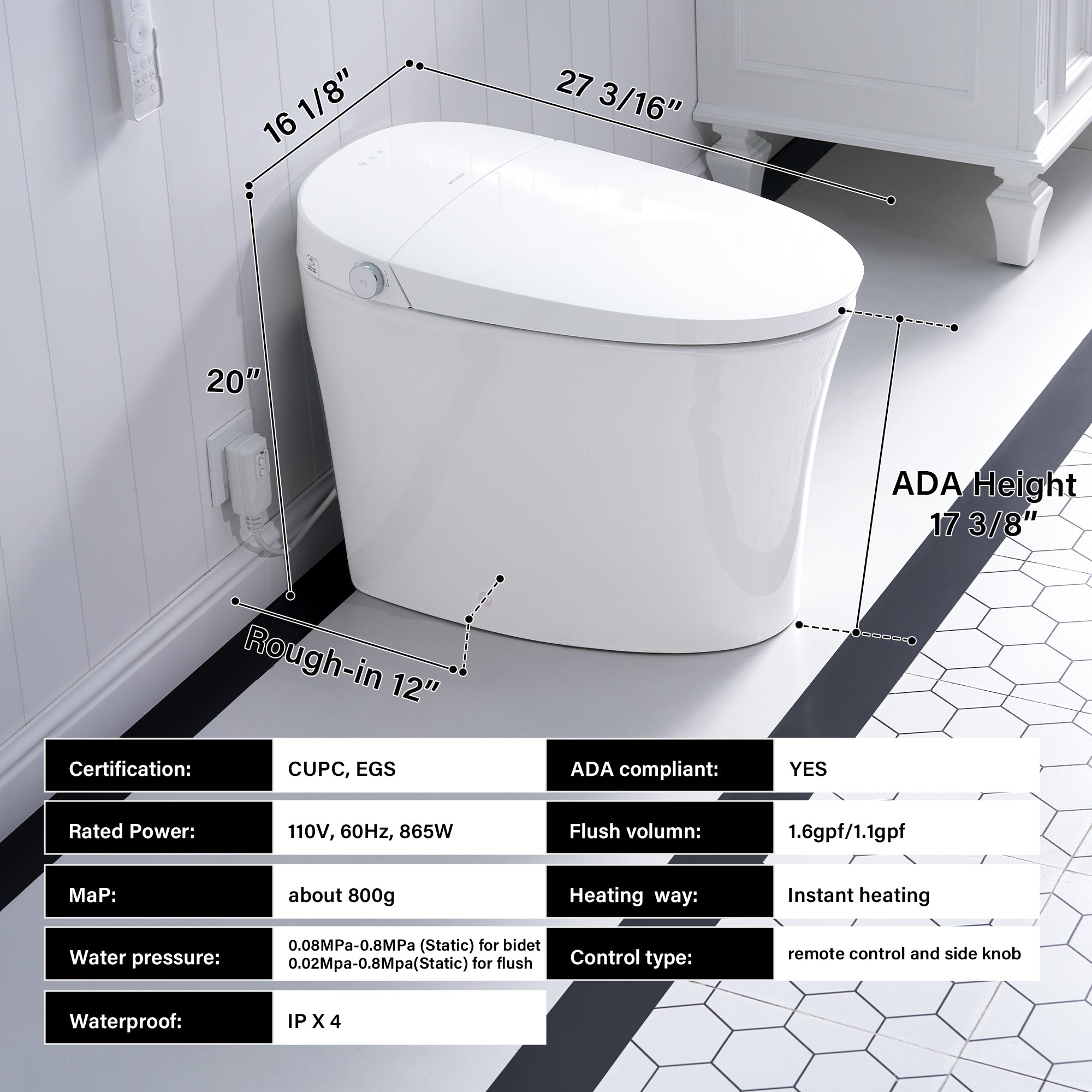 Elongated Smart Bidet Toilet in White with Built-in Tank, Foot Sensor Function, Auto Flush,12-in Rough-In 1.6 GPF