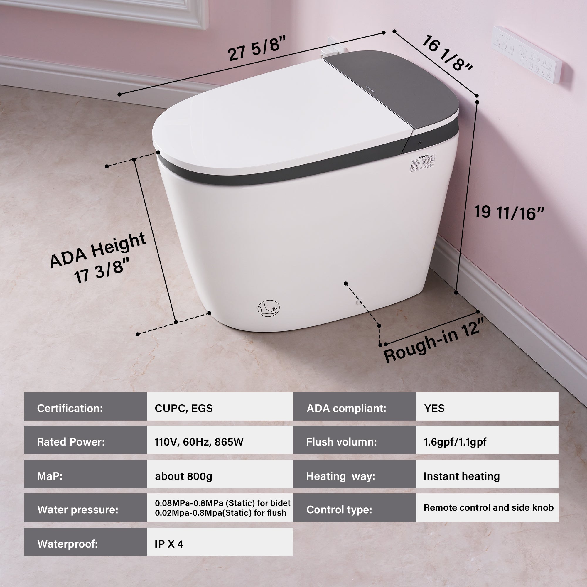 Elongated Smart Bidet Toilet in White with Built-in Tank, Foot Sensor Function, Auto Flush,LED Display, 12-in Rough-In 1.6 GPF