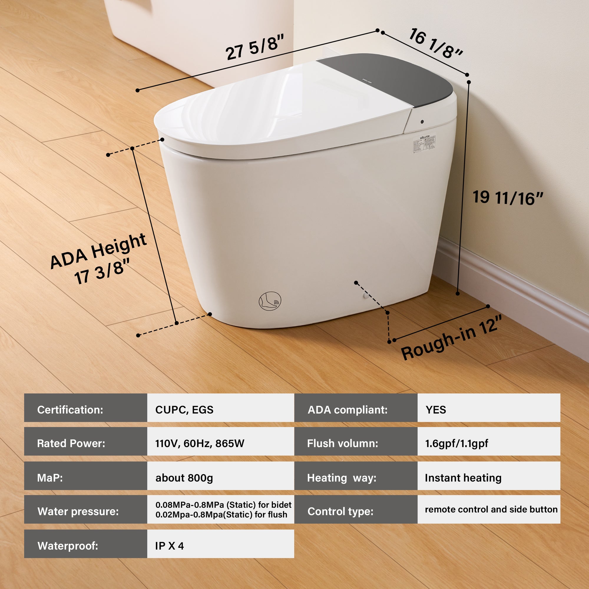 Elongated Smart Bidet Toilet in White with Built-in Tank, Foot Sensor Function, Auto Flush,LED Display, 12-in Rough-In 1.6 GPF