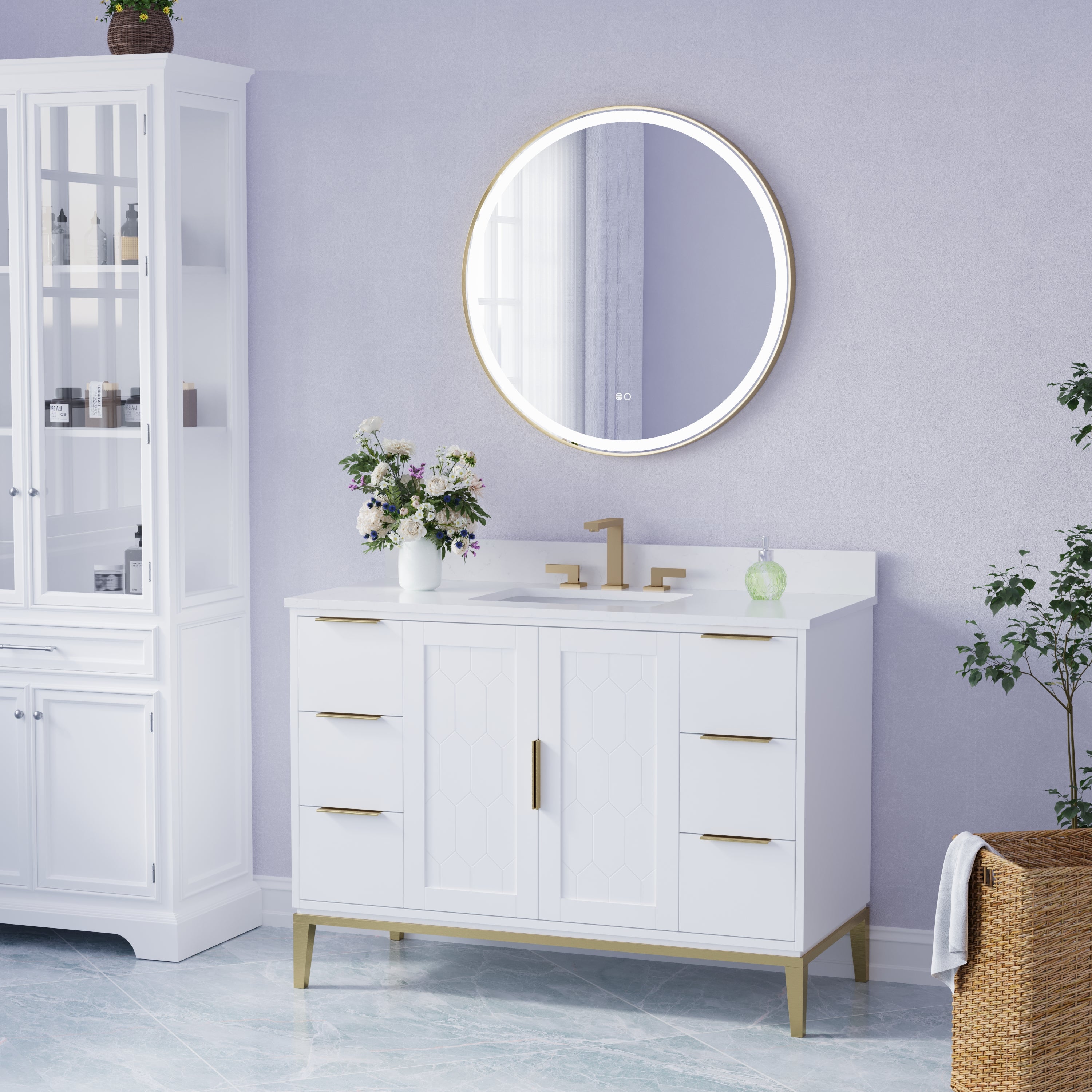 32 in. W x 32 in. H Framed Round LED Light Bathroom Vanity Mirror in Brushed Gold