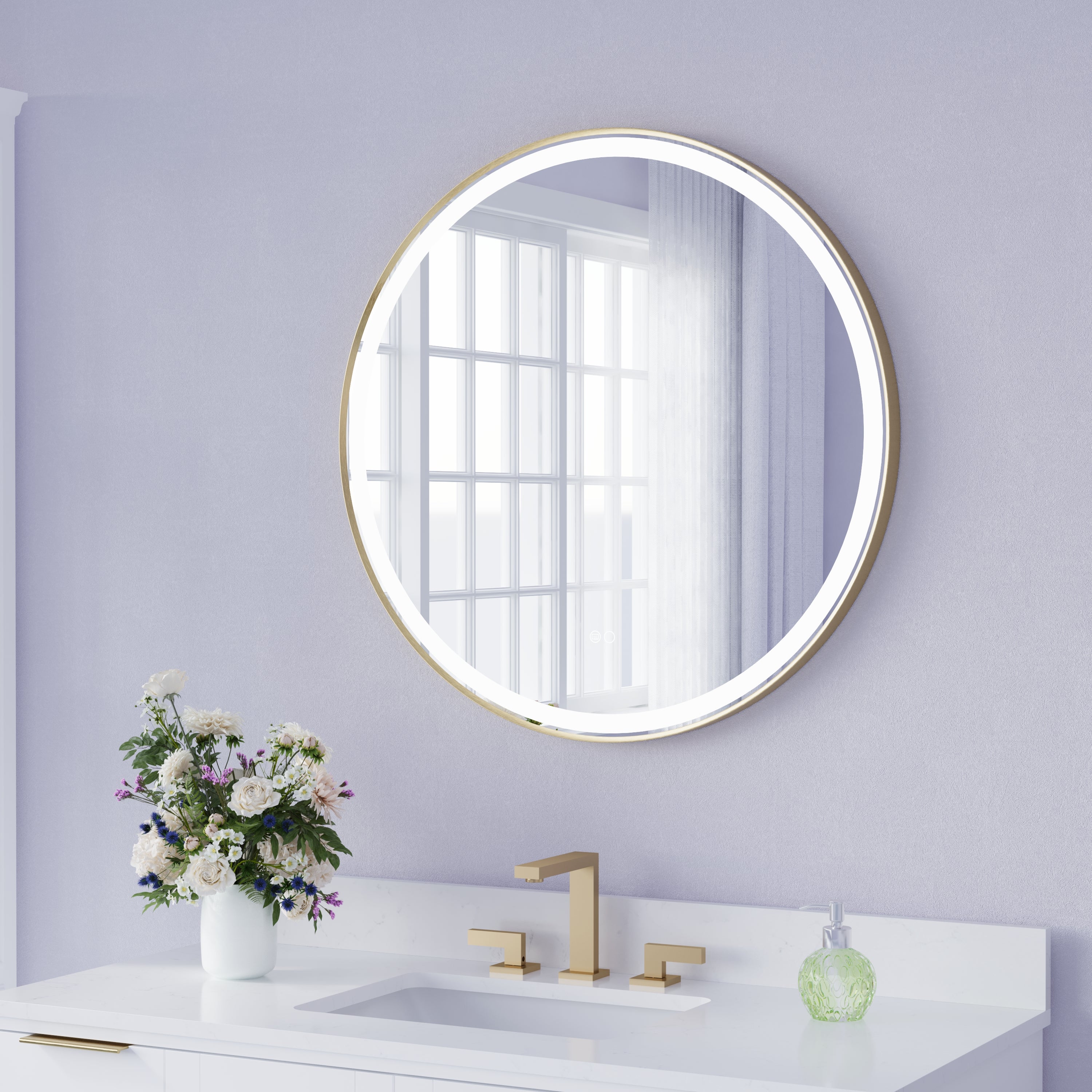32 in. W x 32 in. H Framed Round LED Light Bathroom Vanity Mirror in Brushed Gold