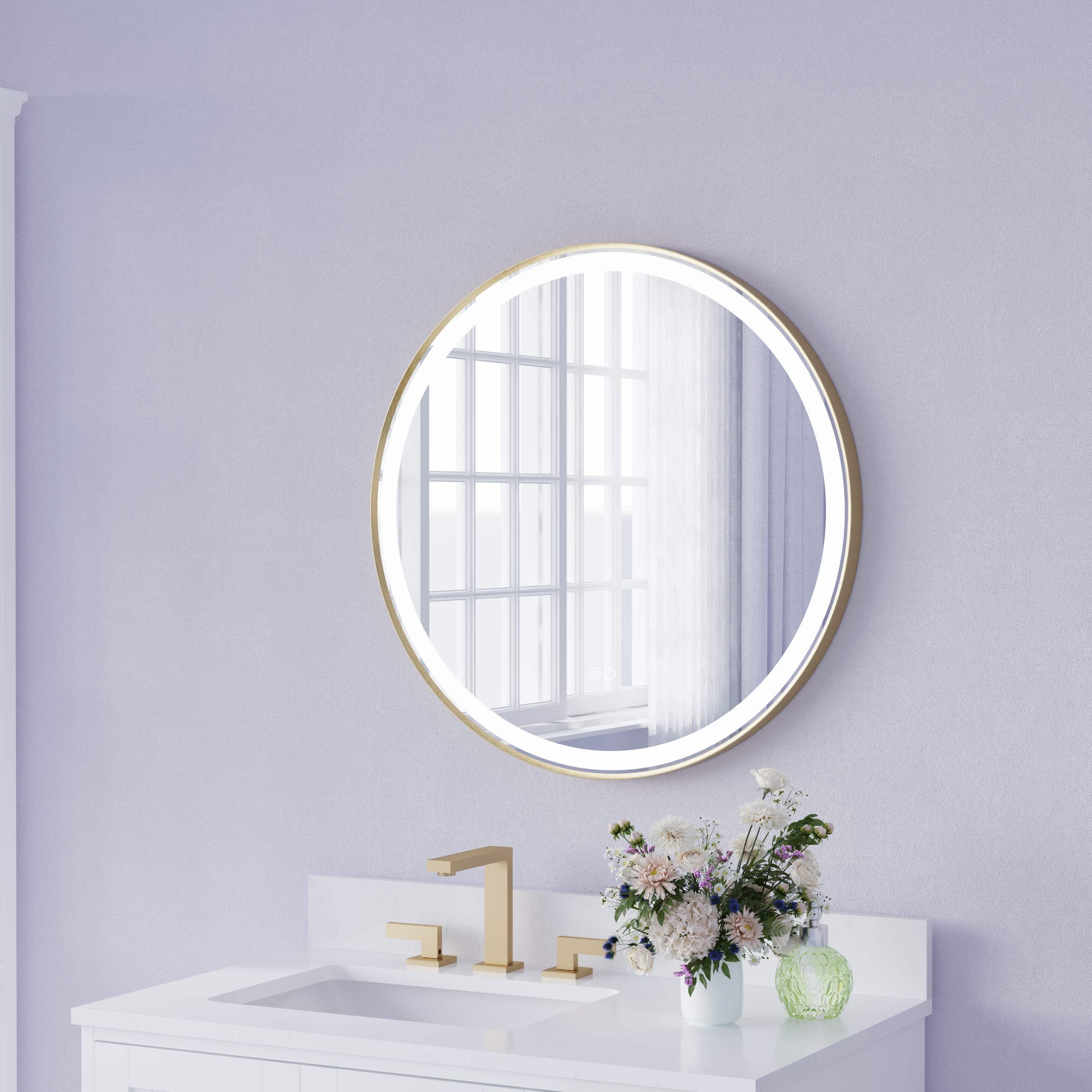 28 in. W x 28 in. H Framed Round LED Light Bathroom Vanity Mirror in Brushed Gold