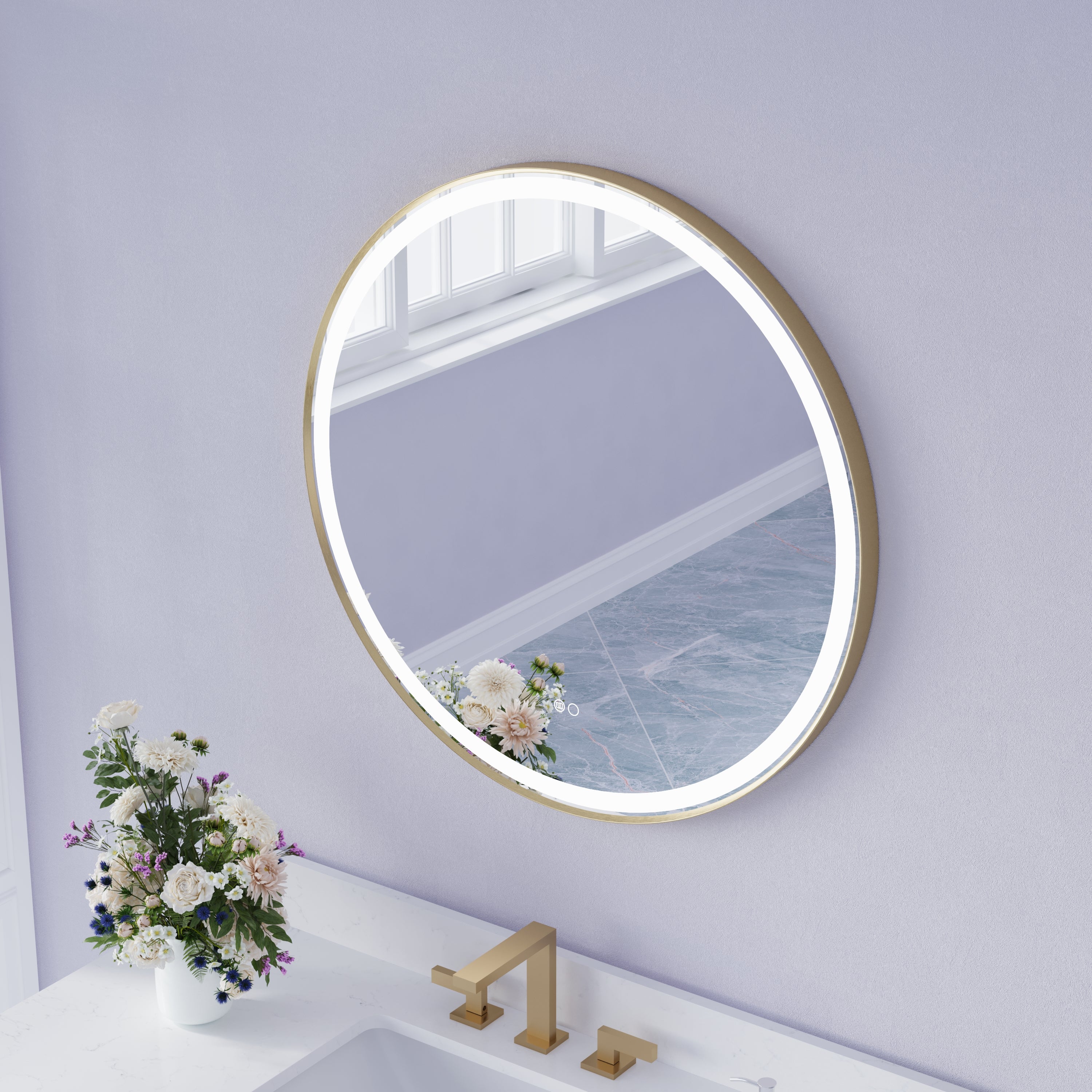 32 in. W x 32 in. H Framed Round LED Light Bathroom Vanity Mirror in Brushed Gold