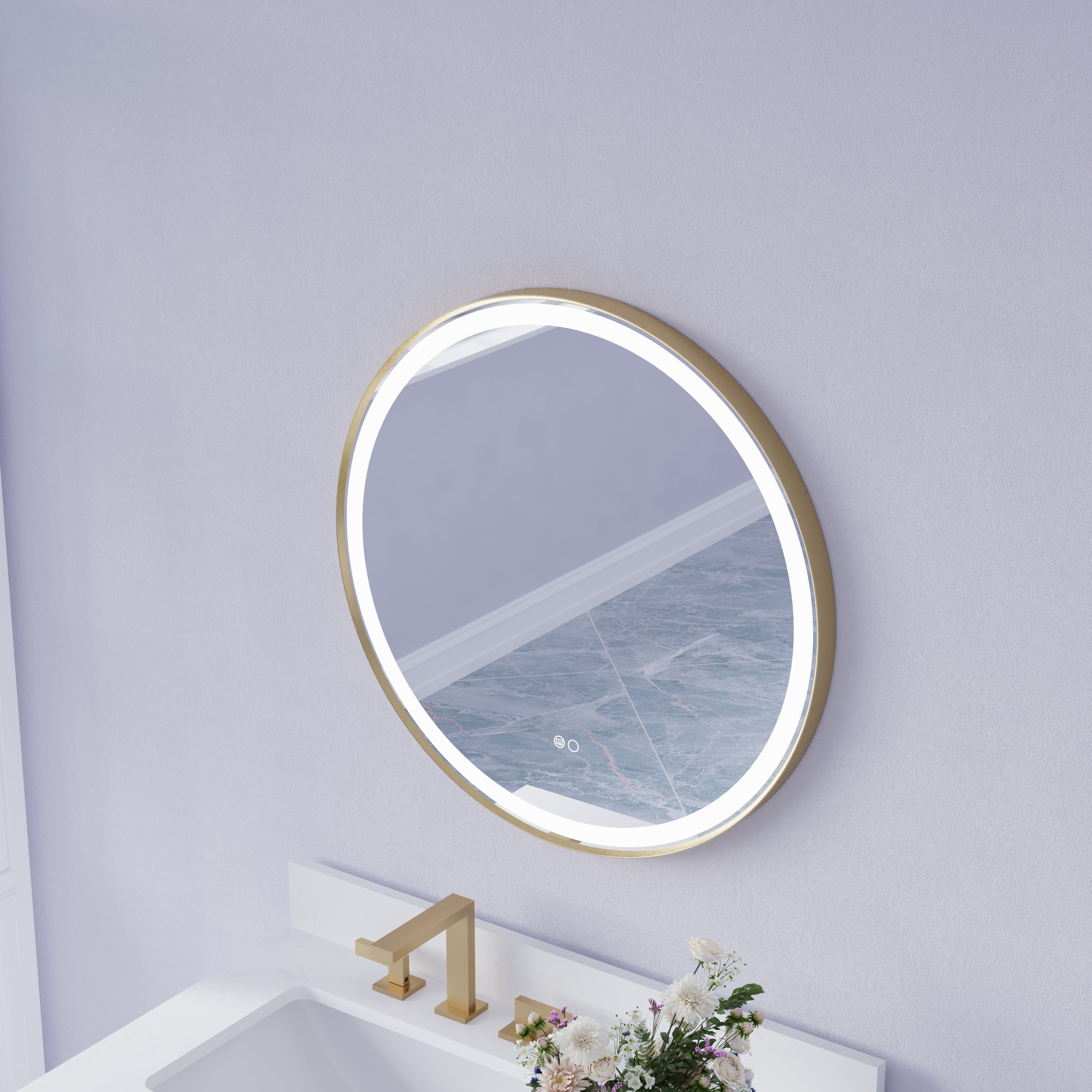 28 in. W x 28 in. H Framed Round LED Light Bathroom Vanity Mirror in Brushed Gold