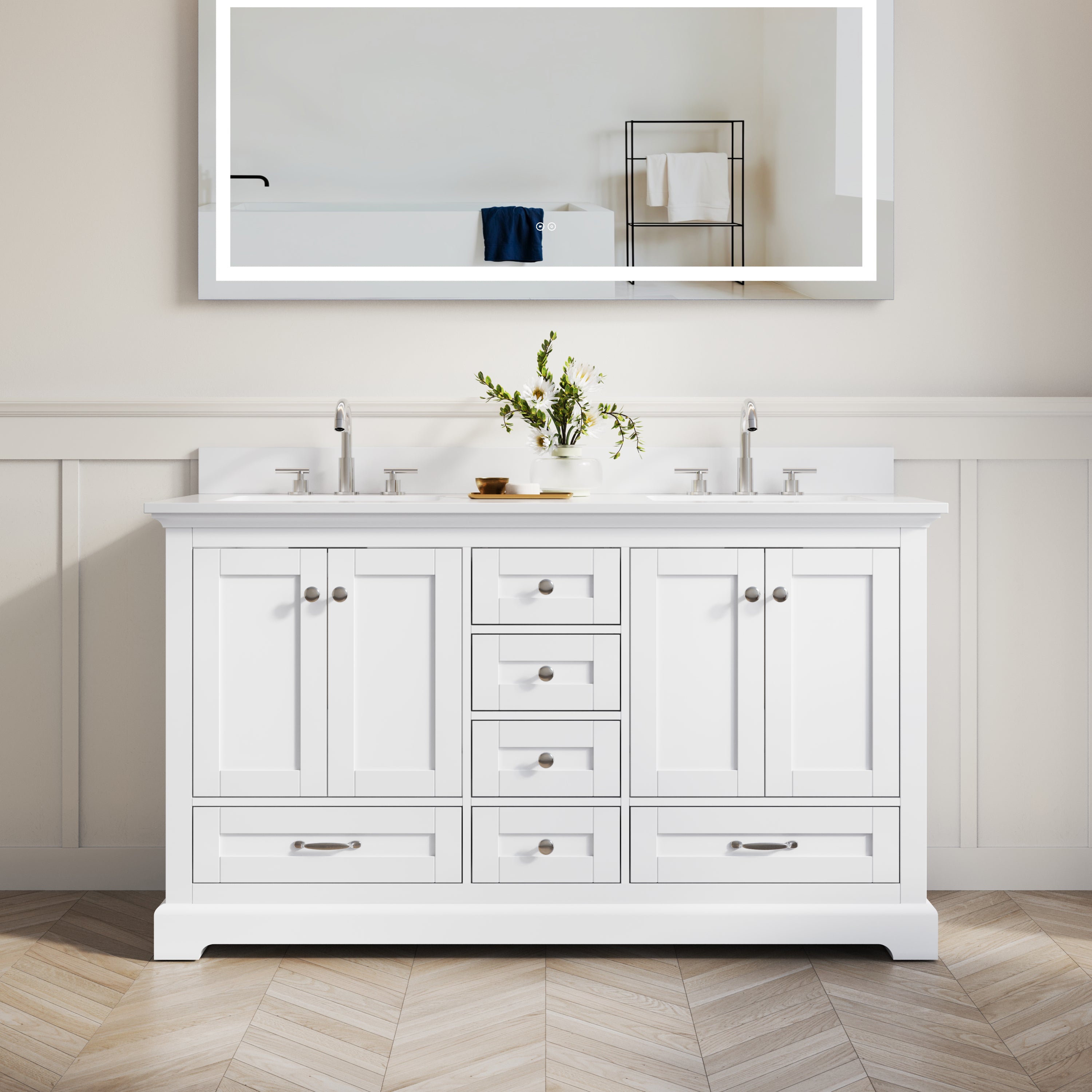 60 Inch White Bathroom Vanity with 2 cUPC Undermount Basins with 4 Doors and 6 Drawers