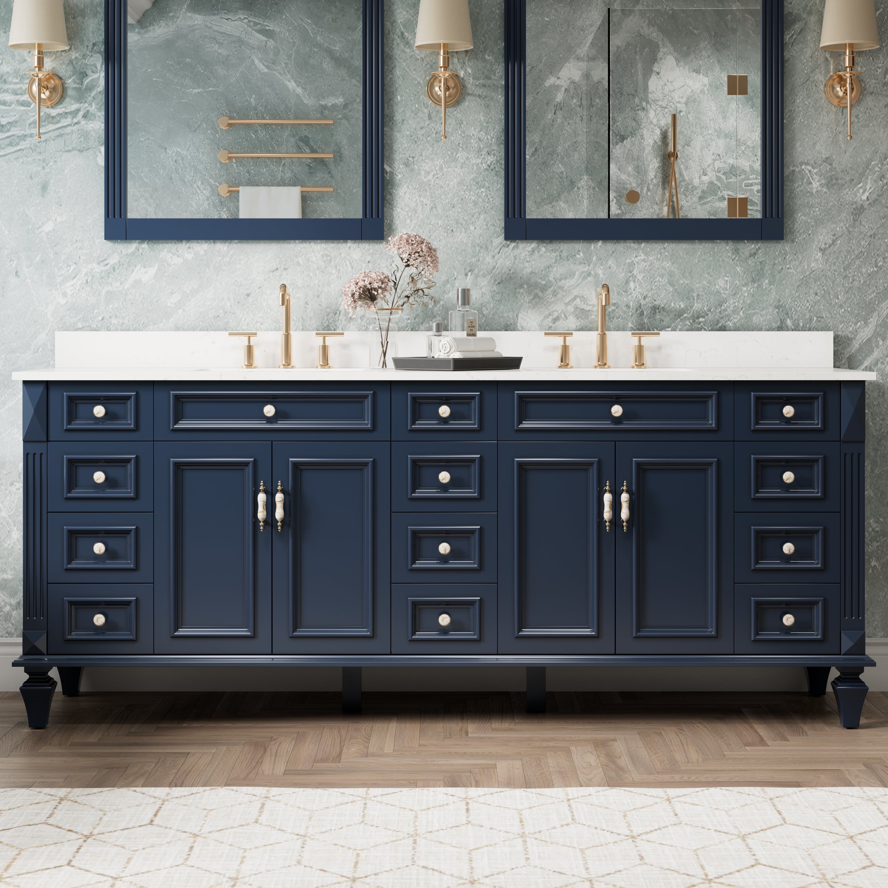84 in. Freestanding Solid Wood Bathroom Vanity with Carrara White Quartz Countertop, Navy Blue