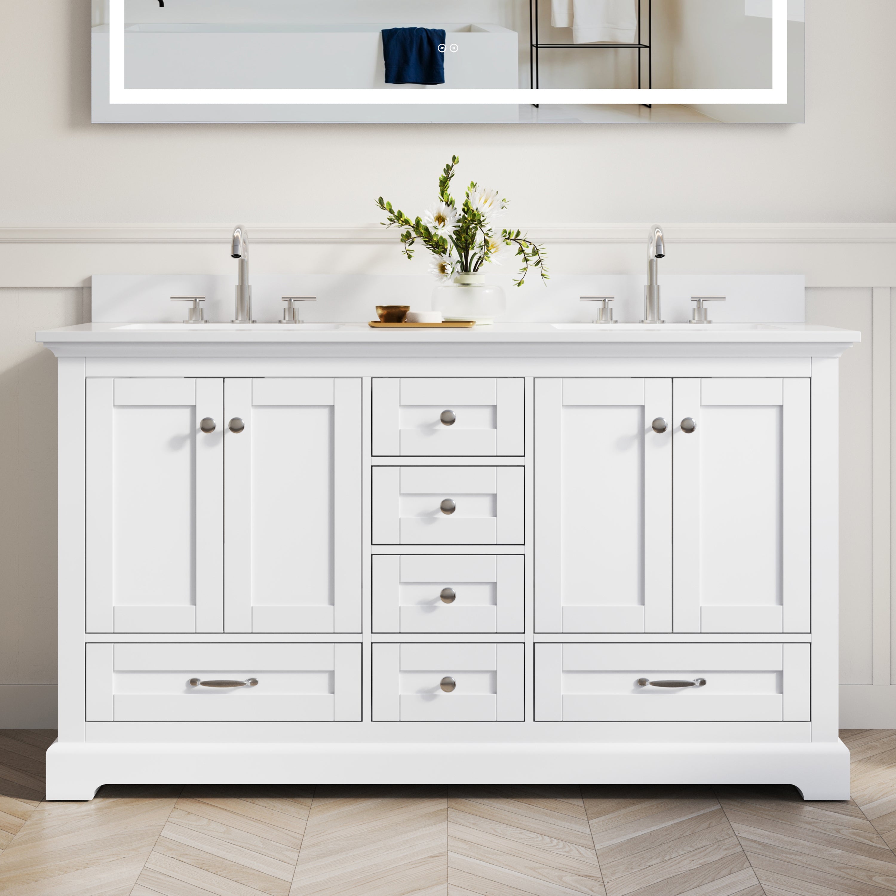60 Inch White Bathroom Vanity with 2 cUPC Undermount Basins with 4 Doors and 6 Drawers