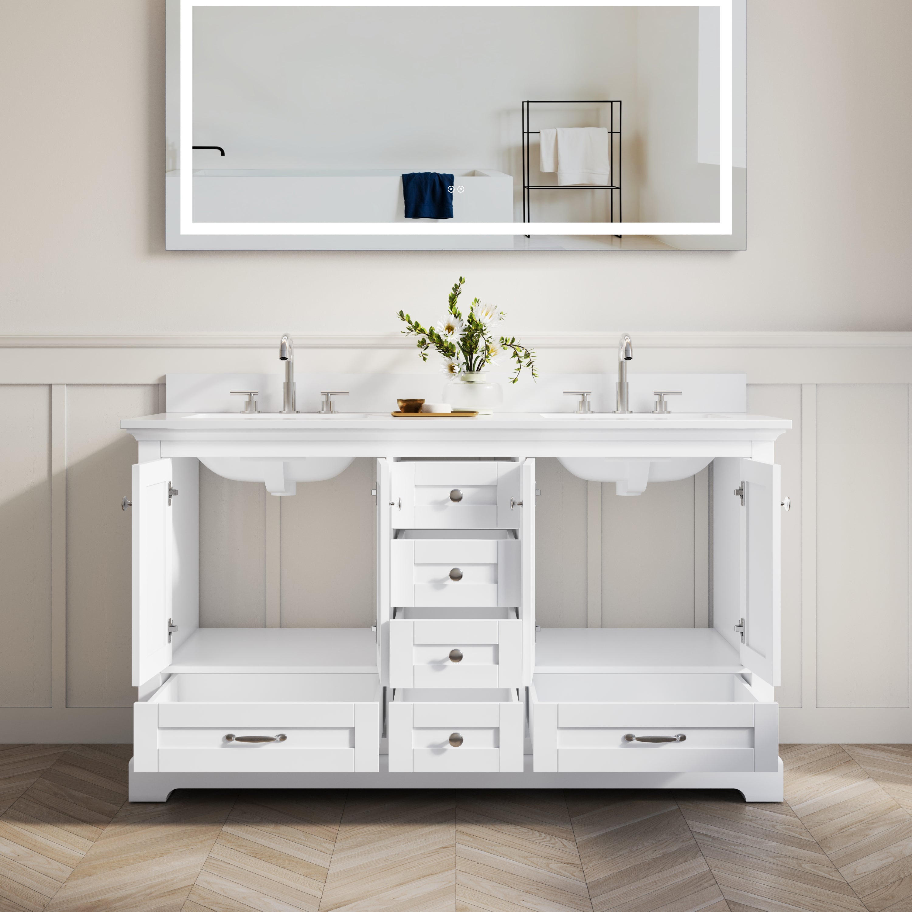 60 Inch White Bathroom Vanity with 2 cUPC Undermount Basins with 4 Doors and 6 Drawers